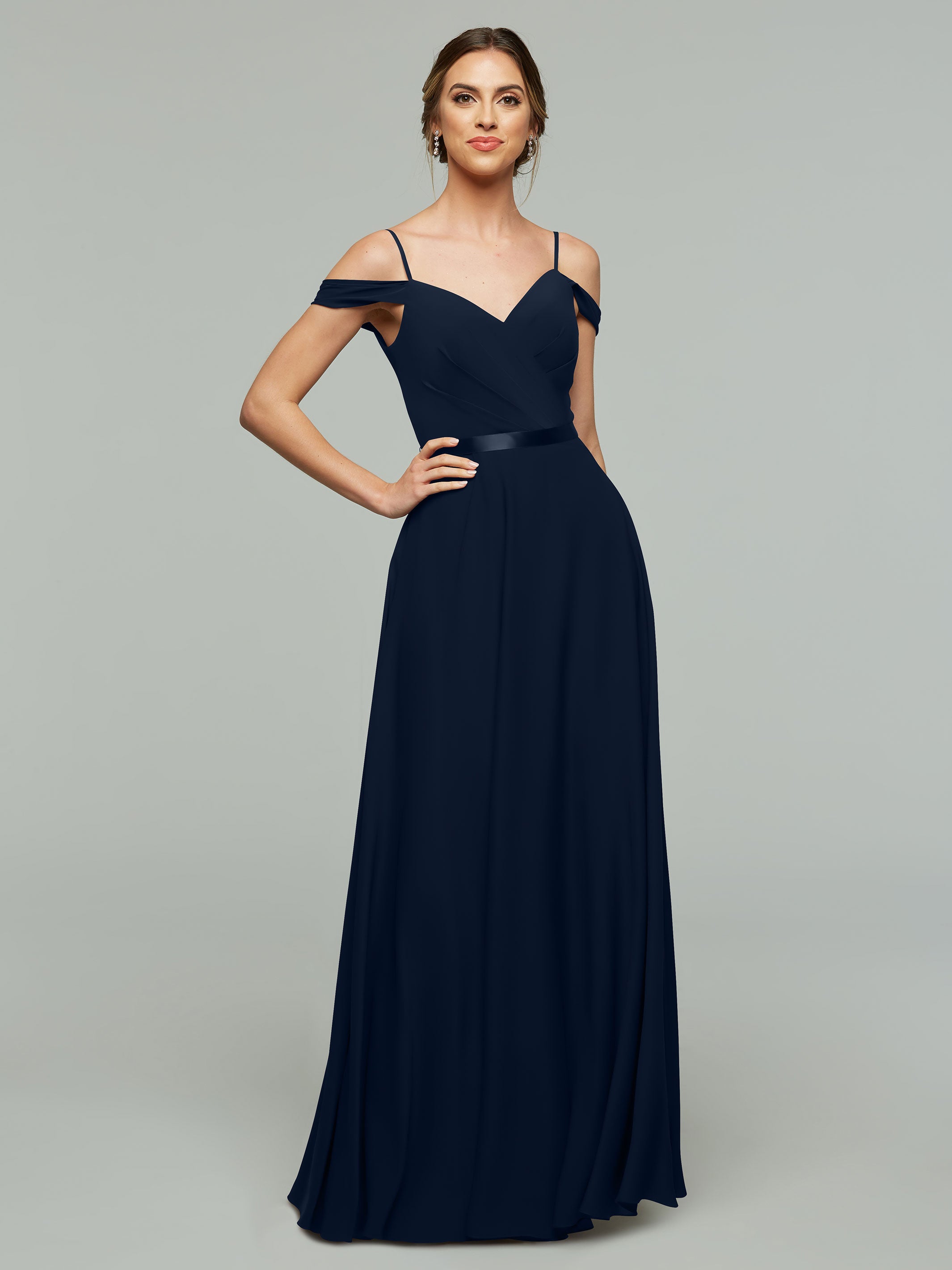 Elegant Off-The-Shoulder Stretch Chiffon A-Line Bridesmaid Dress with Sash - Perfect for Weddings, Formal Events & Special Occasions
