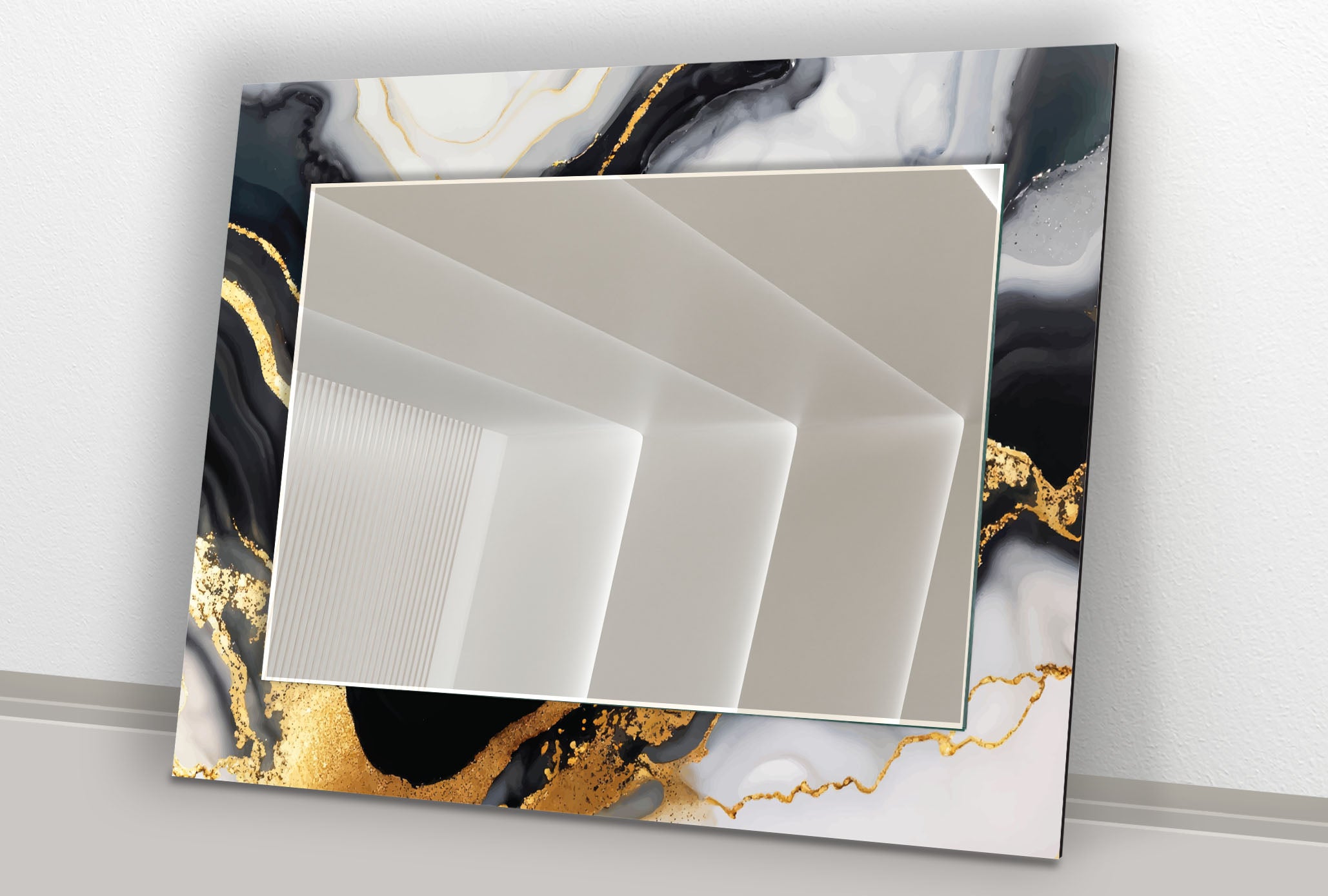 Black & Gold Marble Glass Wall Mirror - Modern Luxury Bathroom Decor for Vanity, Bedroom, or Entryway - Elegant Home Accent Mirror with Stylish Design