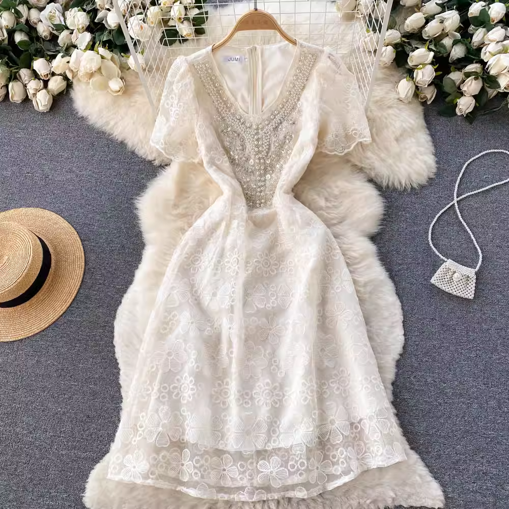 Elegant Beaded Lace Evening Gown - Vintage French V-Neck Party Dress for Women | Perfect for Weddings, Galas & Formal Events