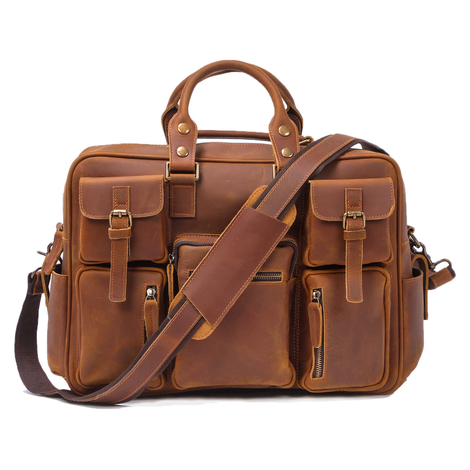 Eamom Genuine Crazy Horse Leather Briefcase - 15.6 Inch Laptop Bag with Multiple Pockets for Business Travel, Work & Office Use | Durable Crossbody Tote Bag for Professionals & Commuters