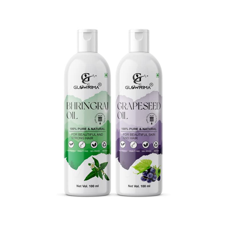 Glowrima 100% Pure Bhringraj Oil & Grapeseed Oil Combo (100ML Each) - Promotes Rapid Hair Growth, Reduces Hair Fall, Repairs Split Ends for Softer & Shinier Hair - Natural Hair Care Treatment for Daily Use, Scalp Massage & Overnight Hair Mask (Pack of 2)