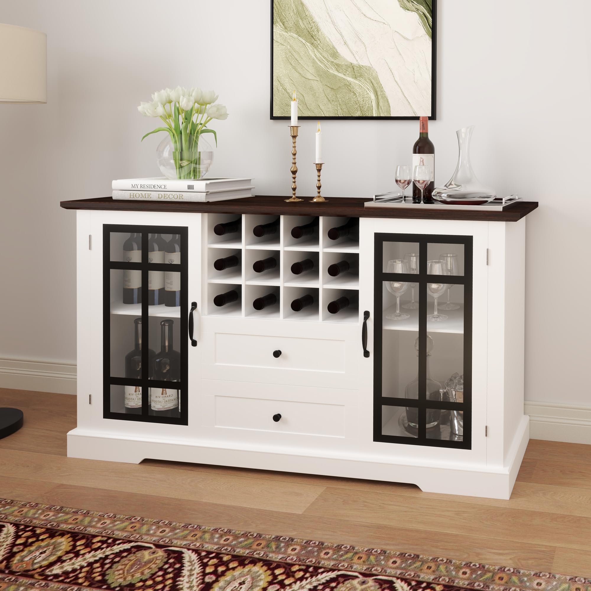 Real Relax Farmhouse Buffet Cabinet with Storage - 59'' Large Sideboard Wine & Coffee Bar Cabinet with 2 Glass Doors & Removable Wine Rack - Kitchen, Dining & Living Room Storage Furniture for Home Entertaining & Organization