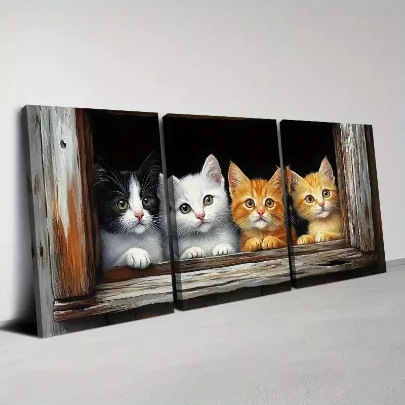 3-Piece Whimsical Kitten Peeking Through Wall Art Set - 50x70cm Framed Canvas Prints | High Quality Australian Made Home Decor | Perfect for Living Room, Bedroom & Nursery Decor