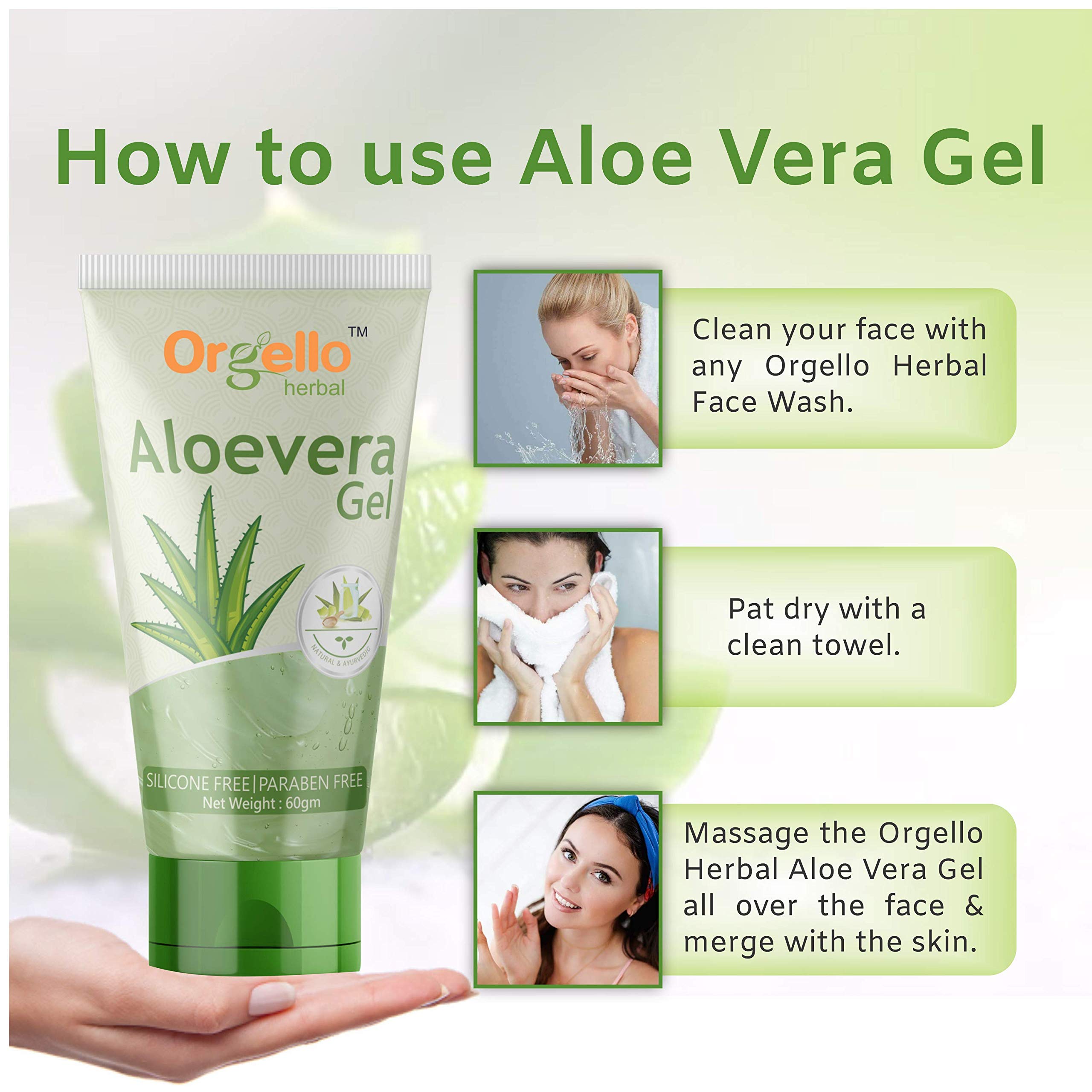 Orgello Pure Aloe Vera Gel for Face & Hair Care - 3 Pack (180g Total) | Soothing Moisturizer for Sunburn, Dry Skin & Scalp | Paraben & Sulfate Free | Natural Hydration for Face Massage & Hair Treatment
