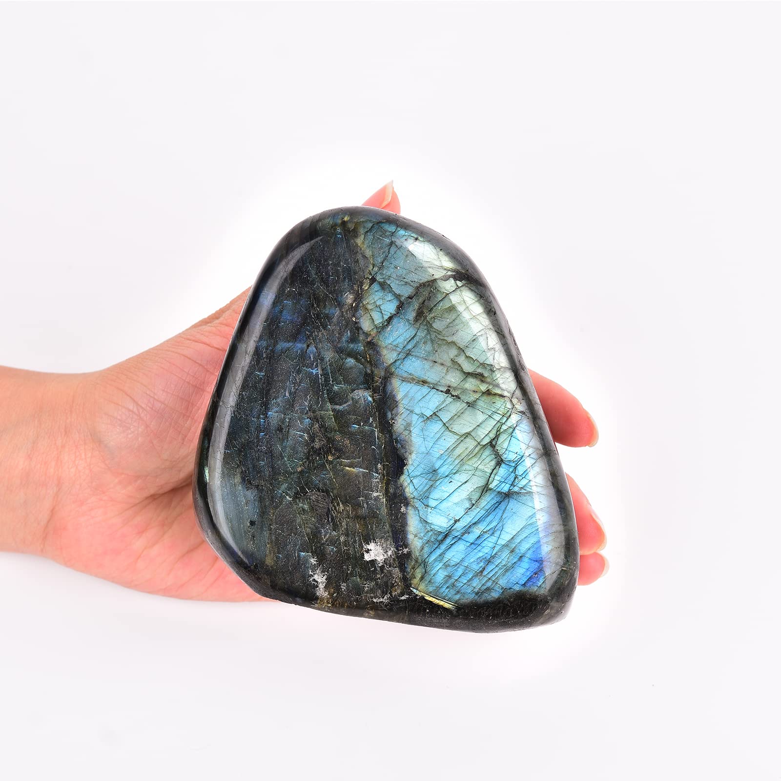 JIC Gem Class 1 Labradorite Palm Stone - Polished Healing Crystal Worry Stone for Anxiety & Stress Relief (1-1.3lb) - Meditation, Reiki, Pocket Comfort & Spiritual Healing