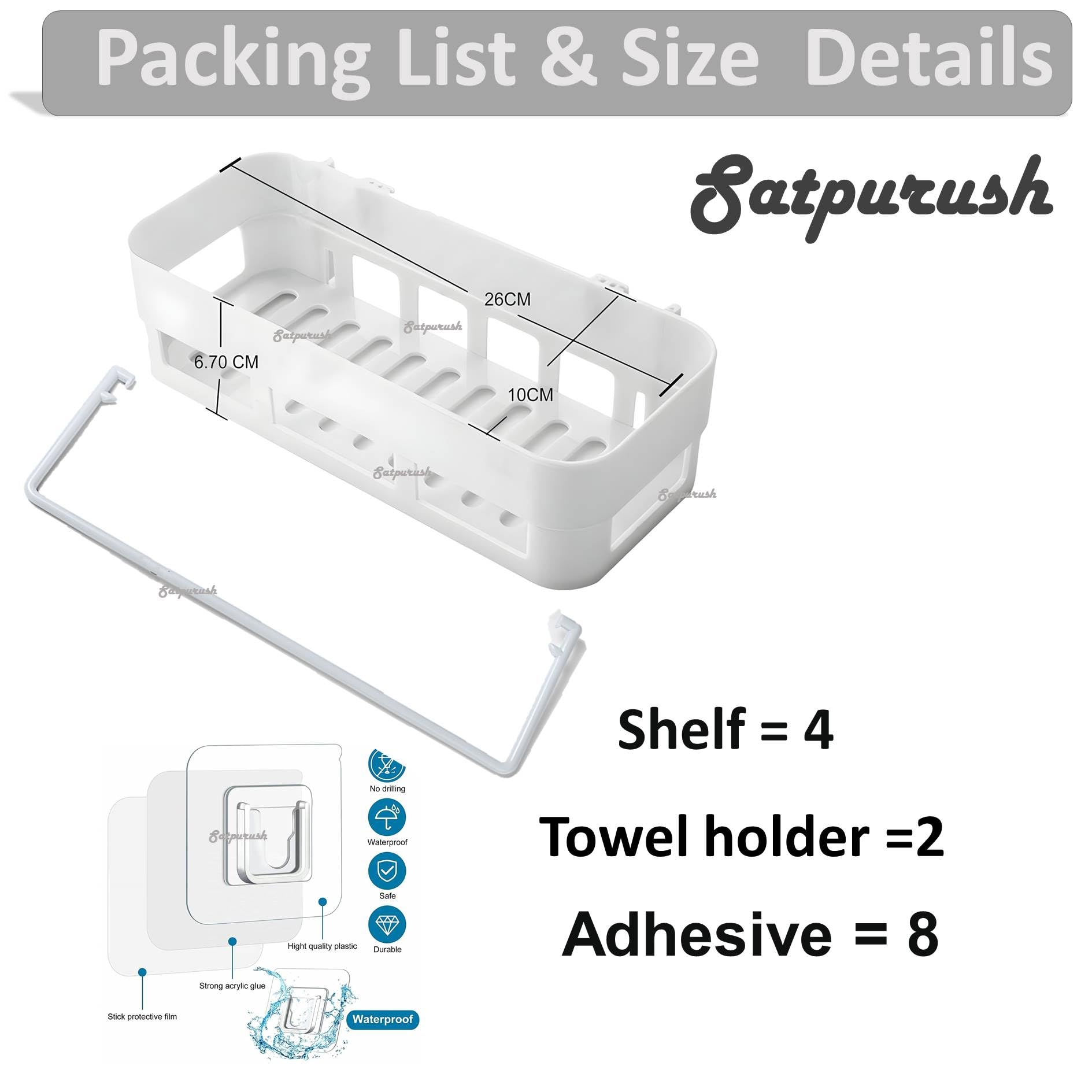 Satpurush 4-Pack White Plastic Bathroom Wall Mounted Shelf Organizer - Bathroom Storage Rack, Bathroom Hardware & Accessories for Shower, Vanity & Toilet Organization