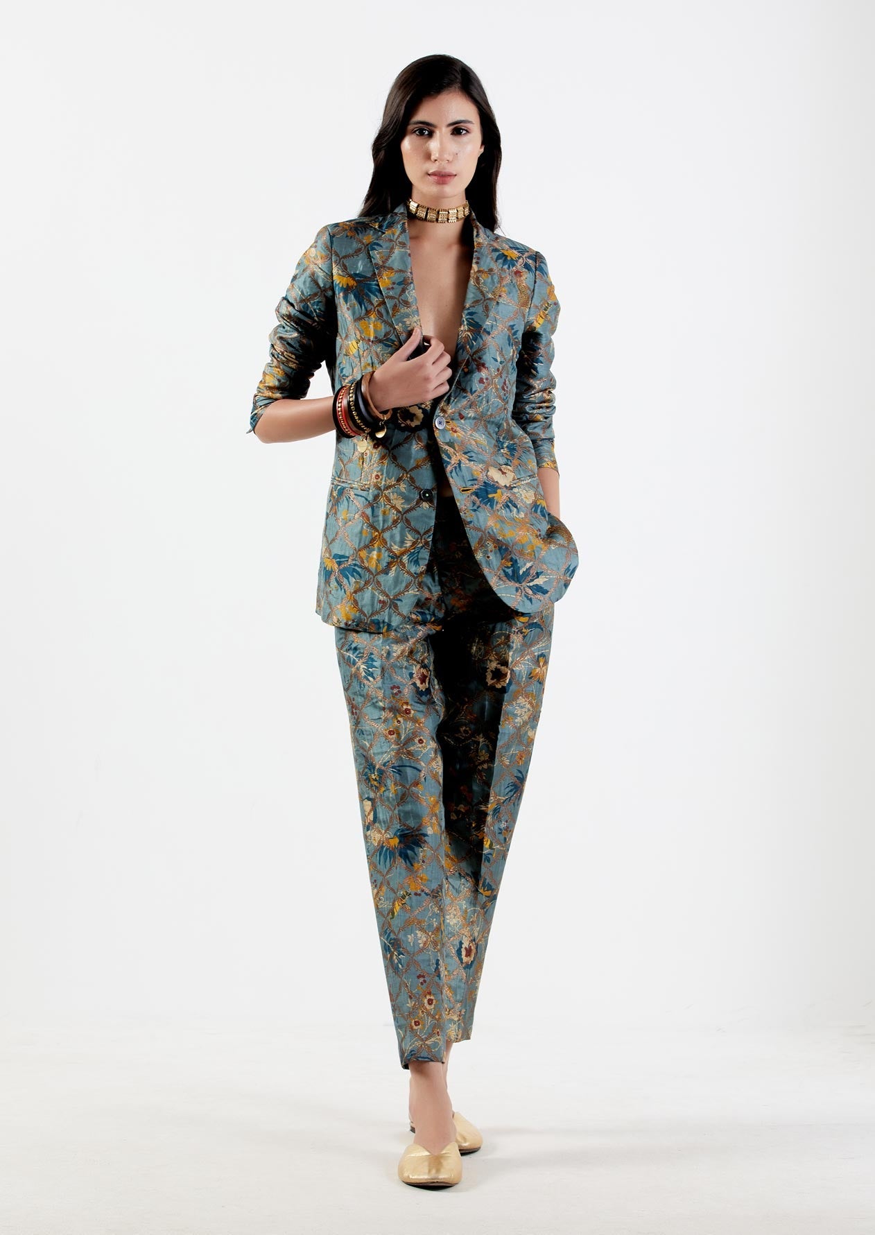 Elegant Rana Blazer in Silk Brocade Mist - Women's Formal Jacket for Office Wear, Business Meetings & Special Occasions