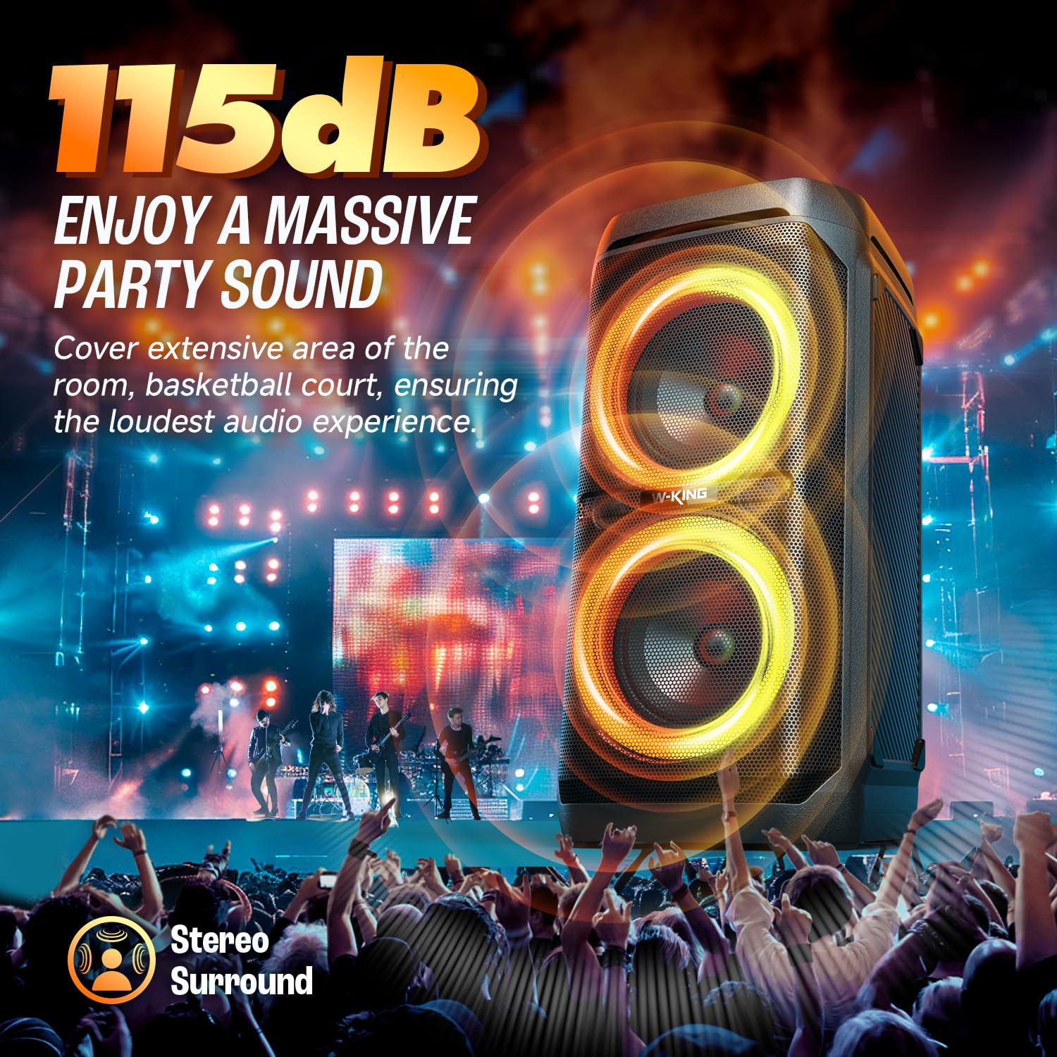W-KING 220W Peak Bluetooth Speaker - 115dB Loud Sound, Deep Bass, IPX6 Waterproof, BT5.3, 24H Battery, EQ, Echo, DSP, RGB Lights - Portable Party Boombox for Outdoor, Beach, Camping, and Home Use