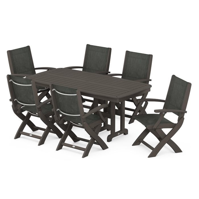 POLYWOOD Coastal Folding Arm Chair 7-Piece Outdoor Dining Set - Perfect for Patio, Deck, Poolside & Beachfront Entertaining