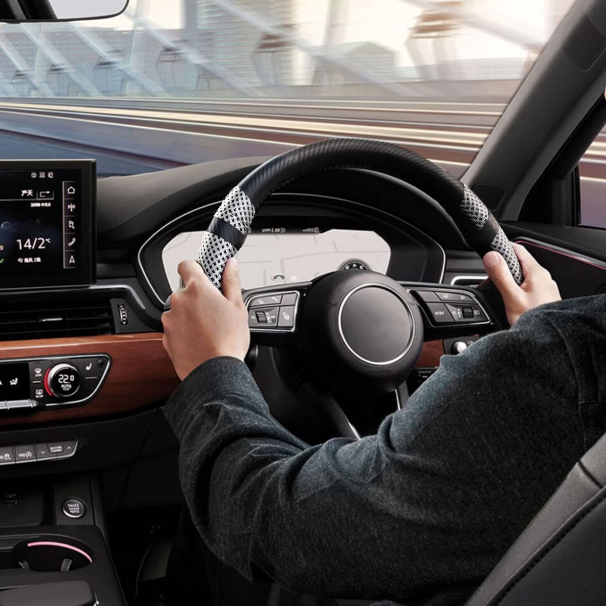 BOKIN Carbon Fiber Steering Wheel Cover - Universal 14.5-15 Inch, Microfiber Leather Car Accessory, Breathable Ice Silk Wheel Protector for All-Season Comfort (Cool in Summer, Warm in Winter) - Carbon Fiber Gray - Perfect for Daily Commuting, Road Trips & Enhancing Driving Comfort