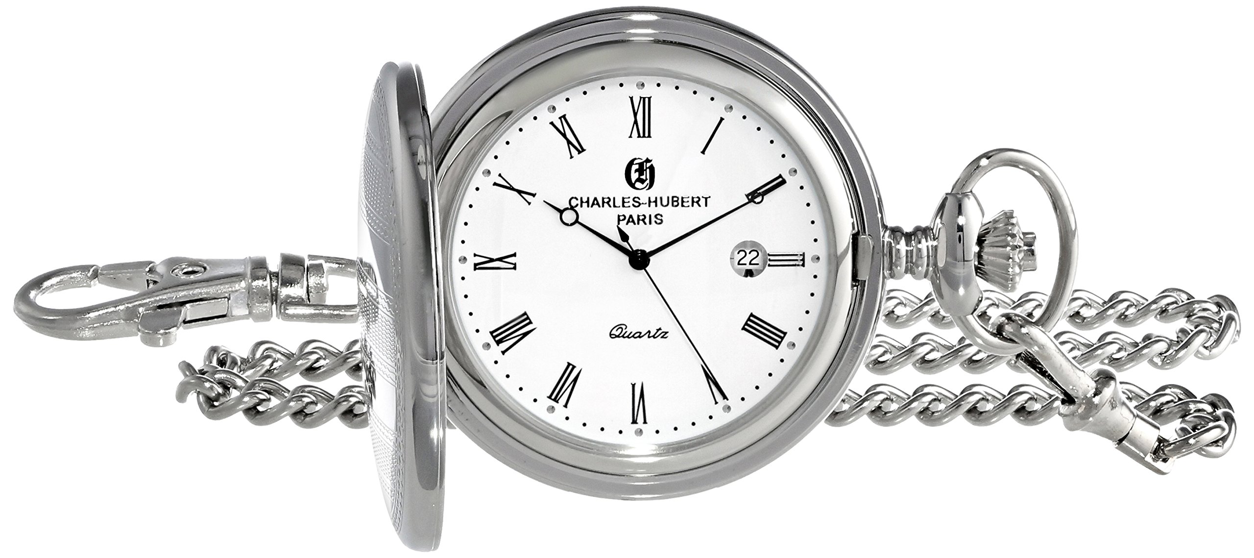 Charles-Hubert Paris 3914 Premium Collection Men's Silver Analog Quartz Pocket Watch - Classic Vintage Style for Weddings, Gifts & Collectors
