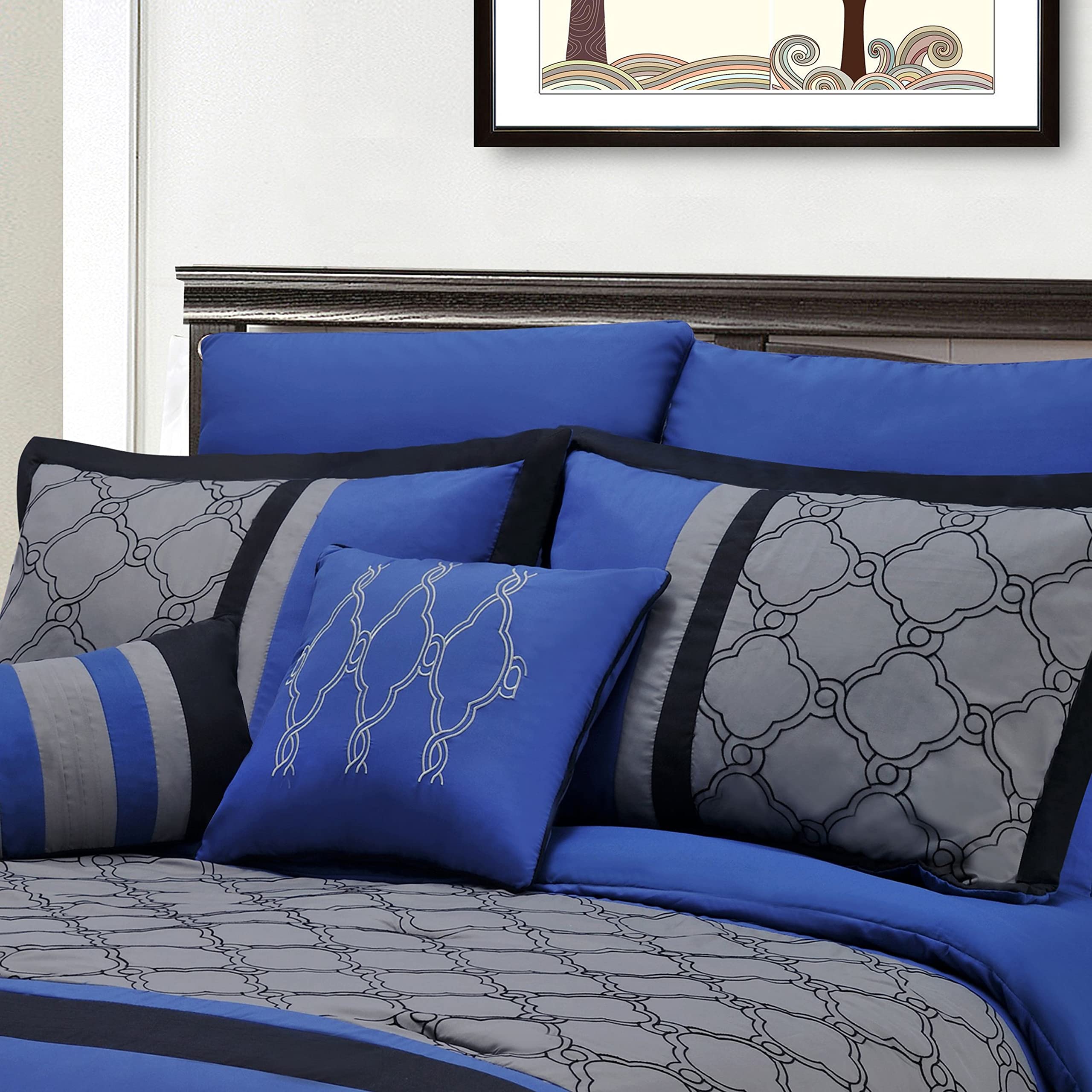 Premium Maxfield 8-Piece Embroidered Comforter Set - California King Size, Luxurious Blue Bedding for Master Bedroom & Guest Room Decor