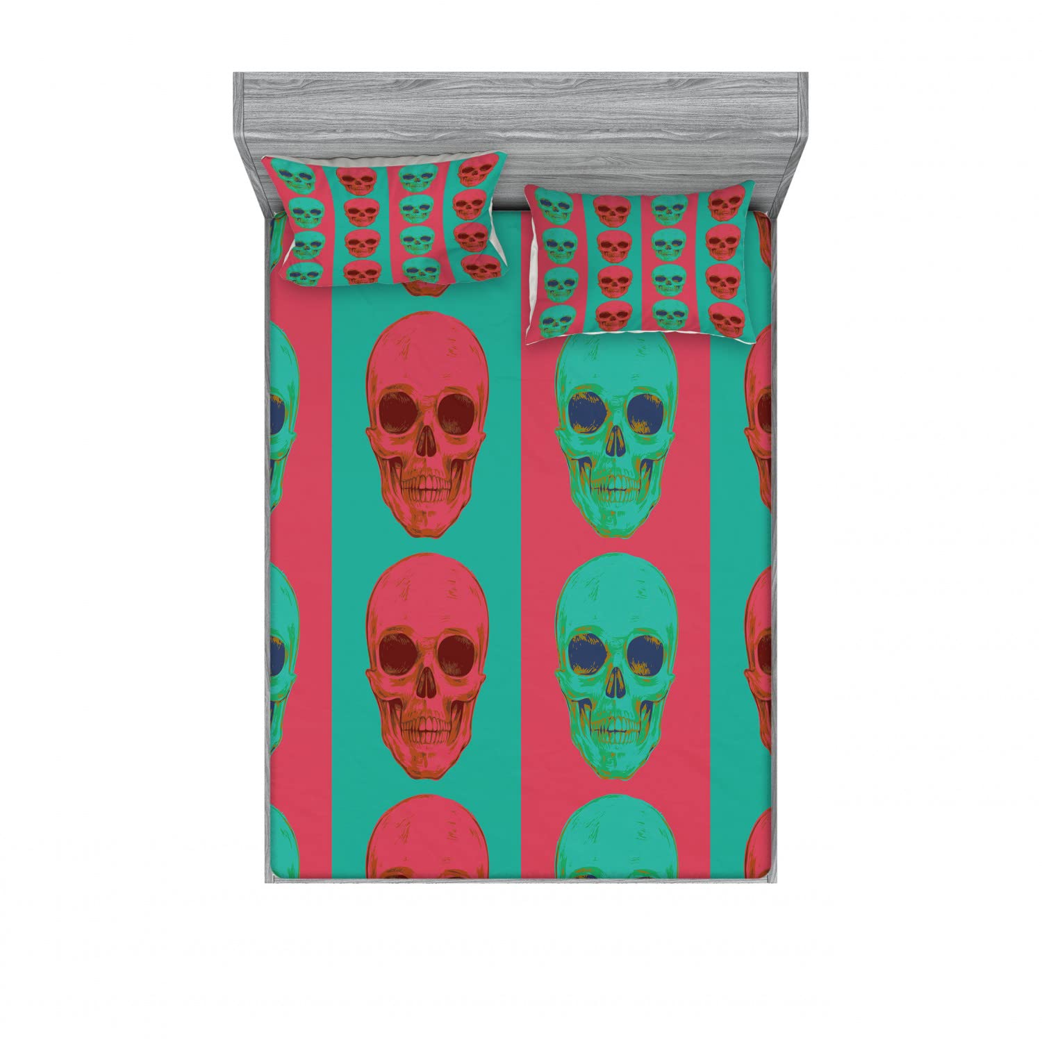 Ambesonne Gothic Skull 2-Pack Queen Size Fitted Sheet Set with 4 Pillow Shams - Jade Green & Magenta Bedding Decor for Modern Home, Halloween Party, Gothic Themed Bedroom