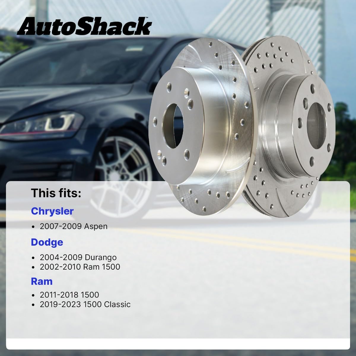 AutoShack Silver Drilled & Slotted Brake Rotors Set of 4 - Front & Rear Replacement for 2002-2018 Ram 1500, 2019-2023 Classic Ram 1500, 2004-2009 Dodge Durango, 2007-2009 Chrysler Aspen (BRKPKG039071) | High-Performance Braking for Trucks & SUVs | Ideal for Daily Commuting, Towing & Off-Road Adventures