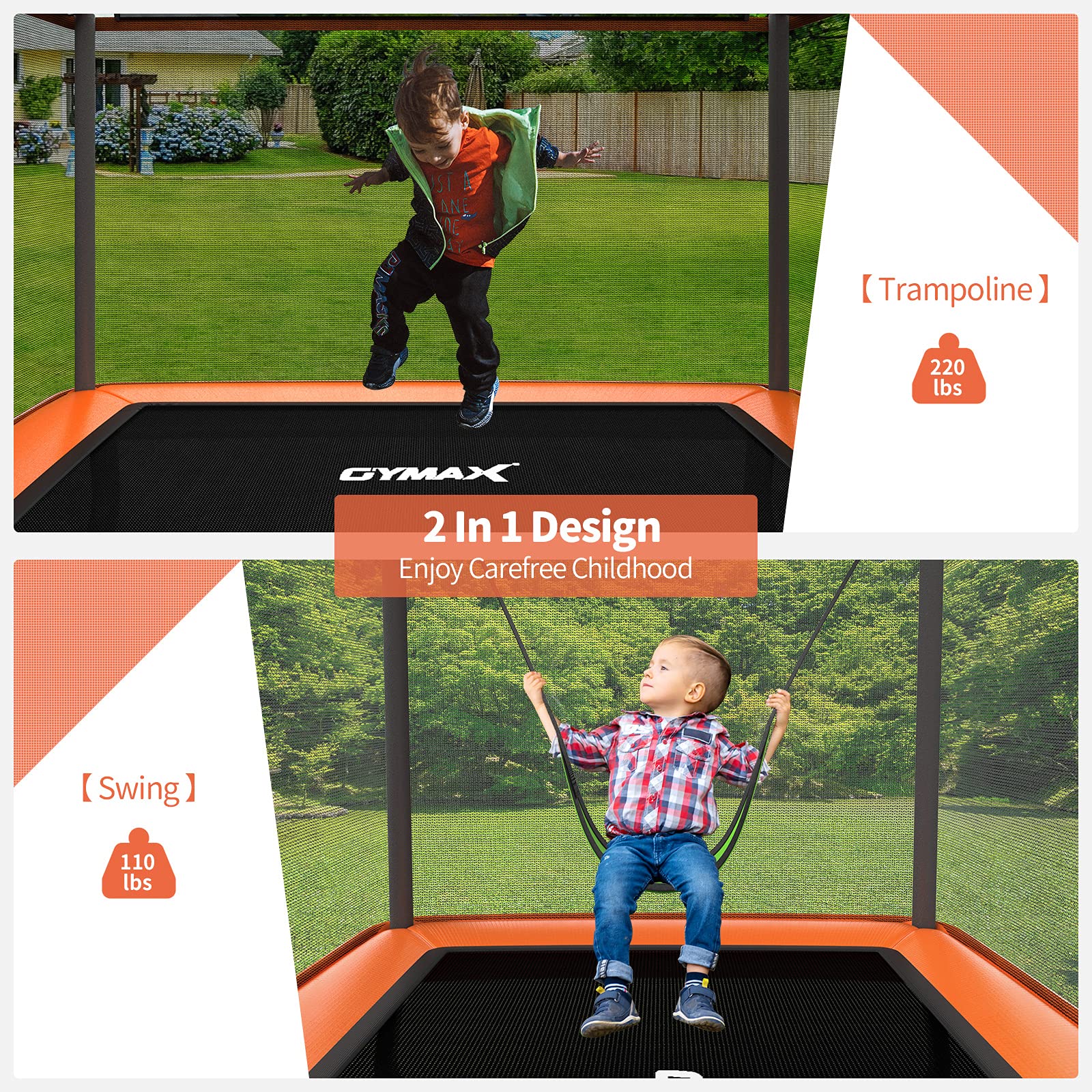 GYMAX 6FT Kids Trampoline with Swing & Safety Enclosure Net - ASTM Approved Rectangle Toddler Trampoline for Indoor/Outdoor Use - Perfect Birthday Gift for Boys & Girls - Backyard Fun, Playroom Activity, Preschool Exercise Equipment