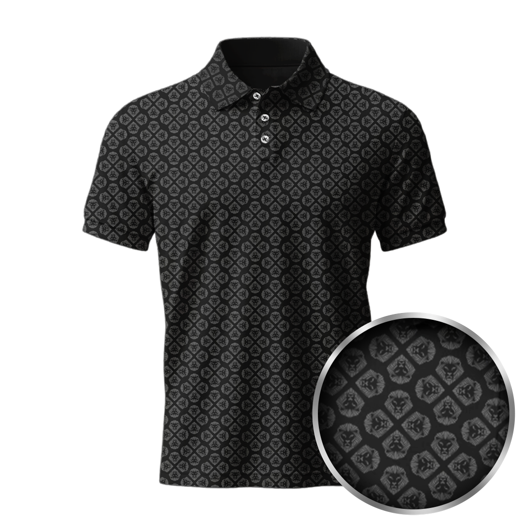Lion Shield Black & Grey Pattern Print Short Sleeve Polo Shirt for Men - Classic Fit Casual Wear for Office, Golf & Outdoor Activities