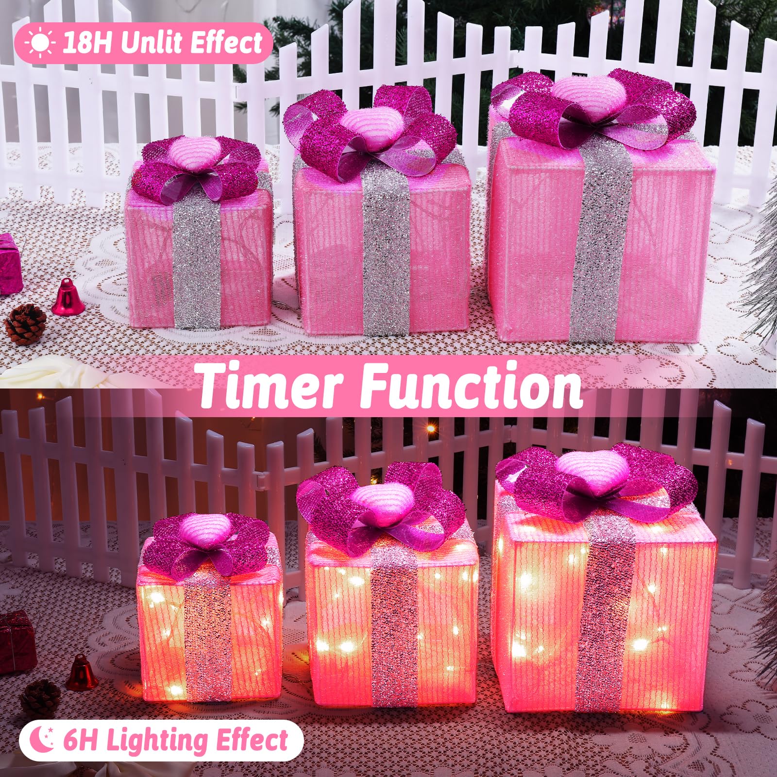 Areker 3-Piece LED Lighted Gift Box Set with Timer - Battery Operated Christmas & Valentine's Day Decorations (60 Pink Heart Lights) for Indoor & Outdoor Use - Perfect for Holiday Parties, Home Decor, and Romantic Gifts