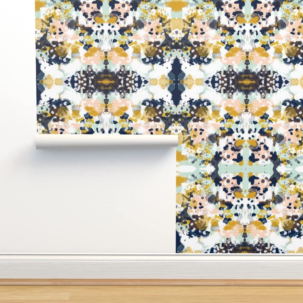Abstract Watercolor Wallpaper Swatch - Large Scale Ink Blot Design in Blue, Yellow, Mint & Mustard | Commercial Grade Traditional Wallpaper by Spoonflower | Perfect for Living Rooms, Bedrooms & Office Spaces