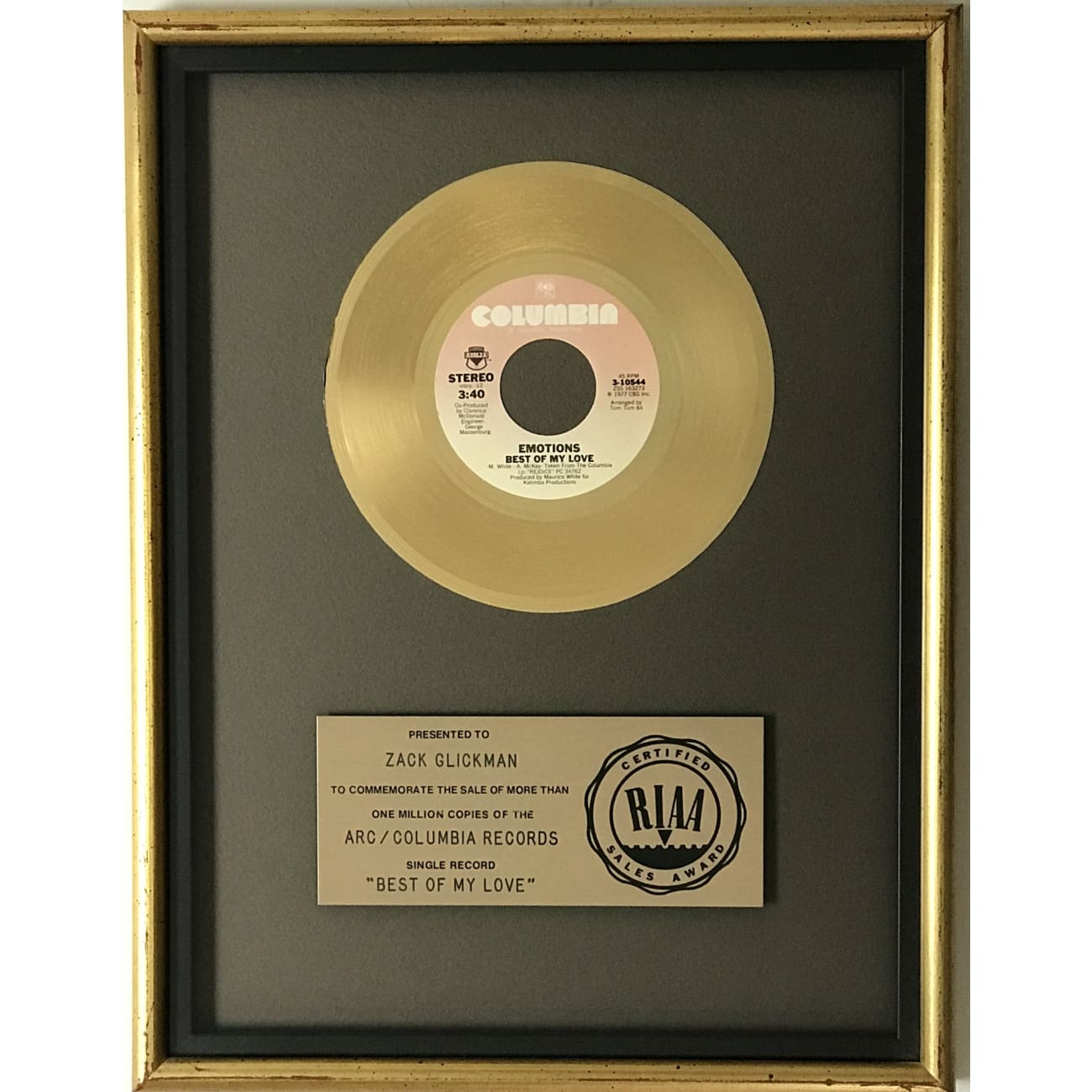 Emotions Best Of My Love RIAA Gold 45 Award - Vintage Music Collectible for Displays & Music Memorabilia Collections - Perfect for Home Decor, Fan Gifts & Music History Enthusiasts