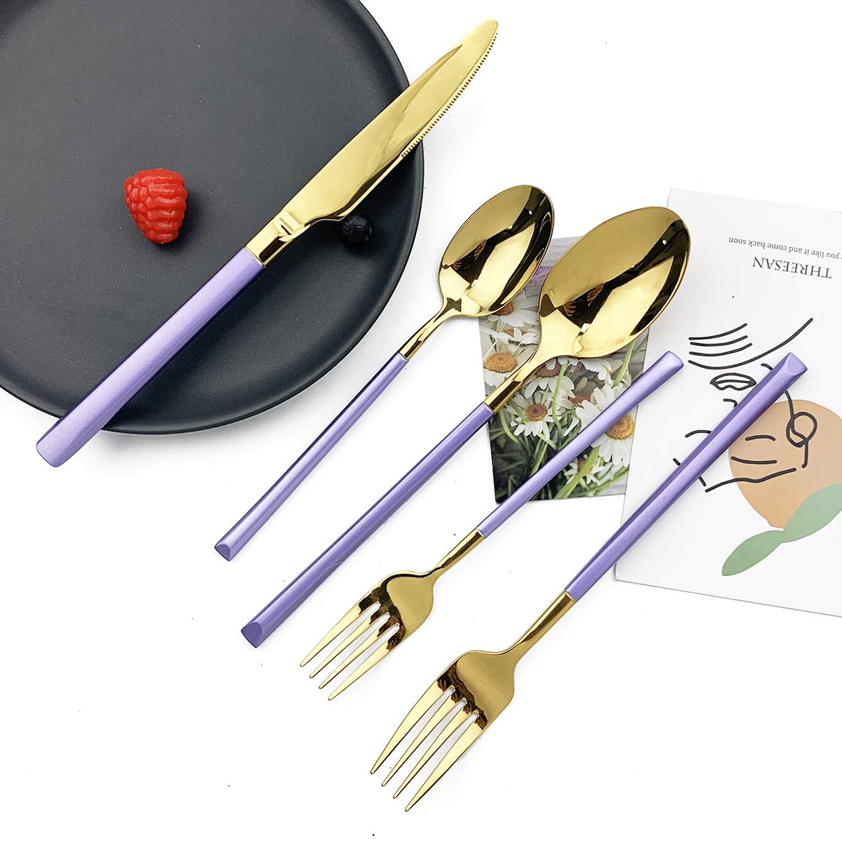 JASHII 5-Piece Modern Silverware Set - 18/10 Stainless Steel Elegant Flatware with Square Edge - Mirror Polished & Dishwasher Safe (Purple Gold) - Perfect for Dining, Gifts & Kitchen Essentials