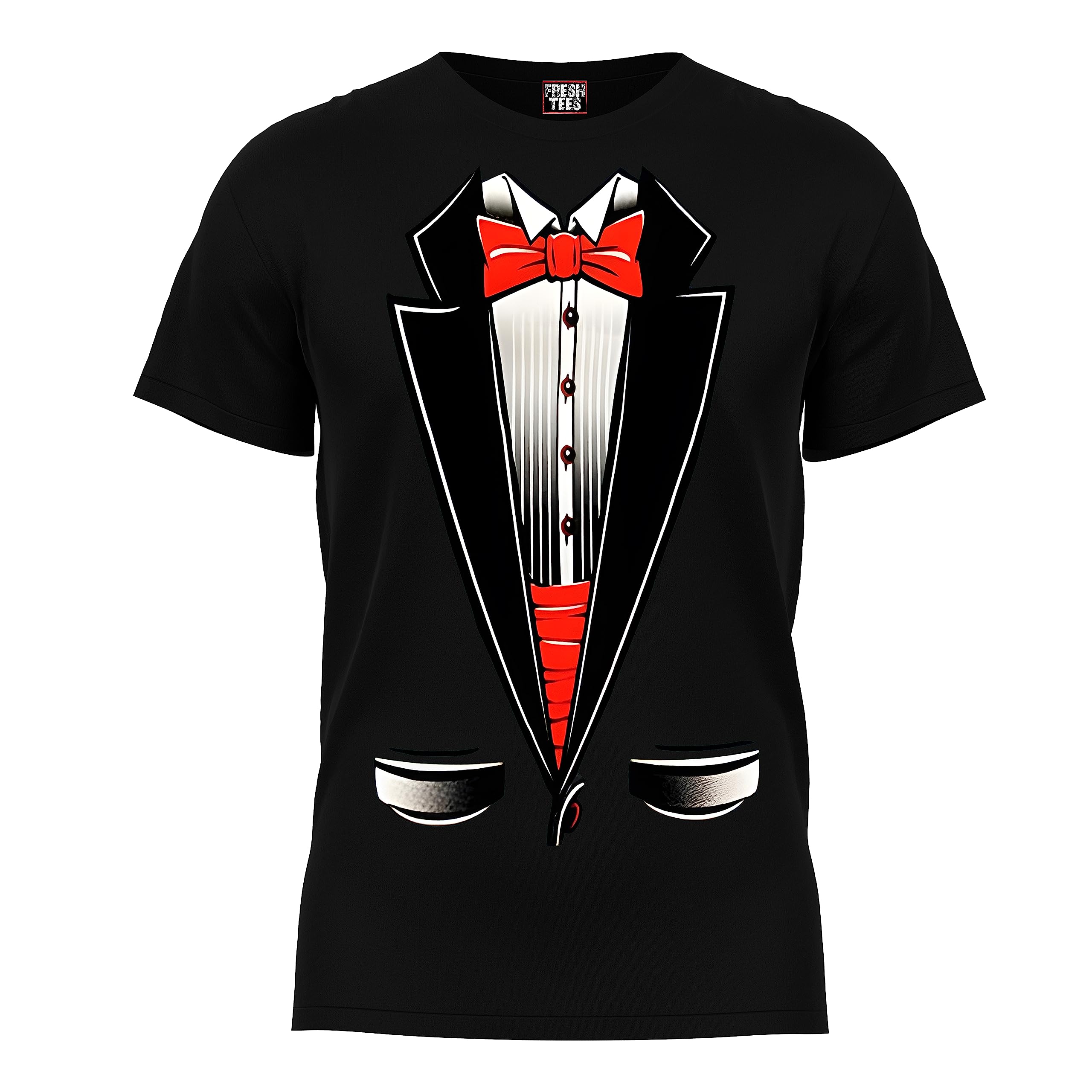Fresh Tees Unisex Tuxedo Shirt with Red Bowtie - Funny Formal T-Shirt for Women & Men | Perfect for Costume Parties, Office Pranks and Casual Wear