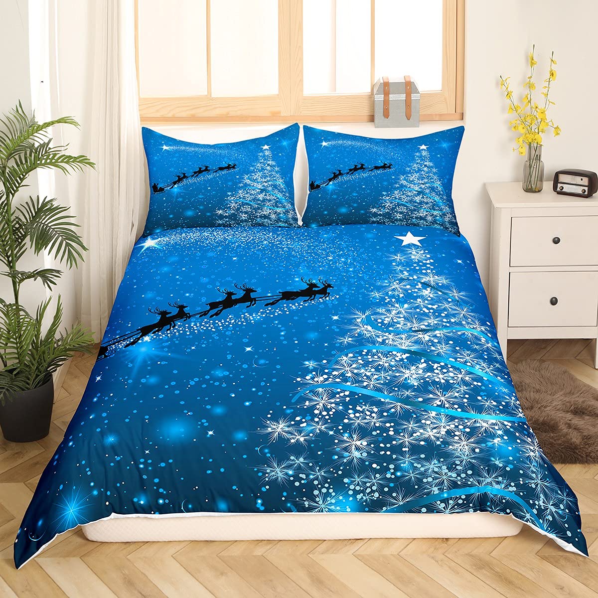 Feelyou Christmas Bedding Set for Kids - Santa Claus & Elk Print Duvet Cover with Snowflake Design, Twin Size 2-Piece Set | Holiday Home Decor, Cozy Winter Bedroom Upgrade for Boys & Girls (Blue)