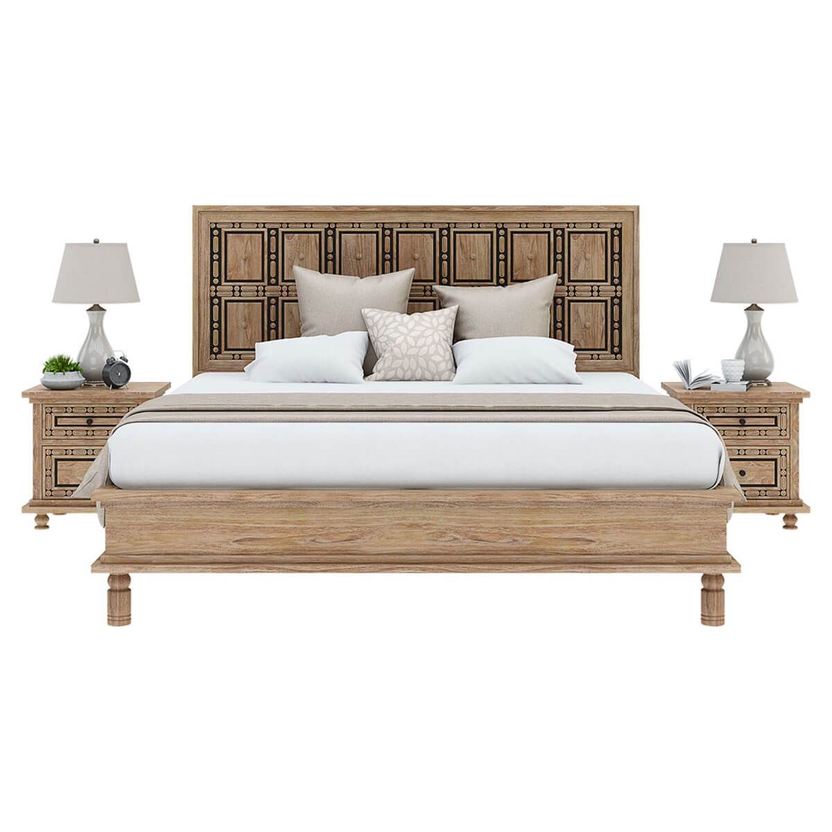 Hand Carved Solid Wood Traditional Platform Bed with Headboard - Queen Size Wooden Bed Frame for Master Bedroom, Guest Room & Modern Home Decor