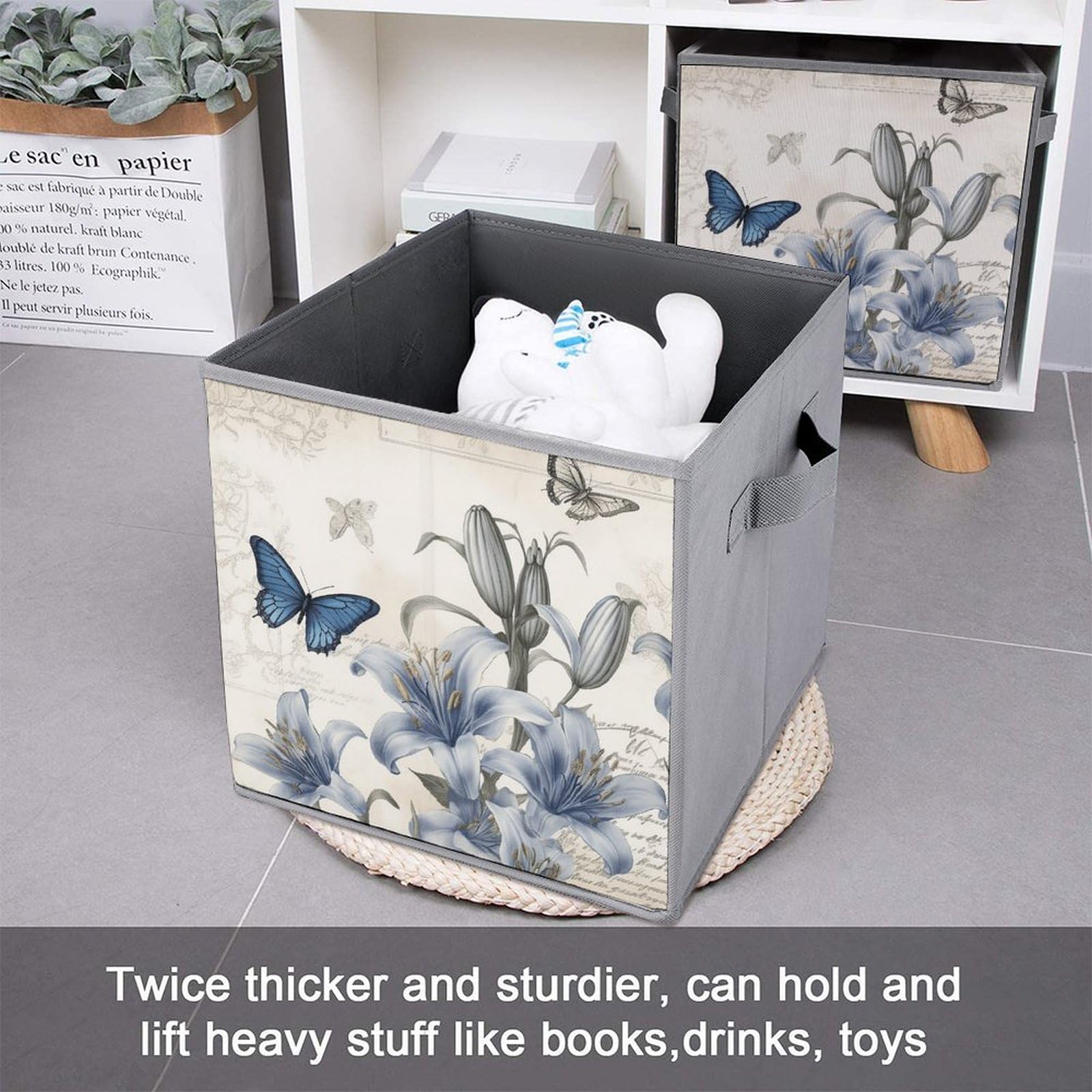2-Pack Collapsible Storage Bins with Handles - Blue Floral Printed Foldable Storage Boxes for Home Organization, Shelves, Closet & Pantry | Space-Saving Storage Solution for Bedroom, Bathroom & Office