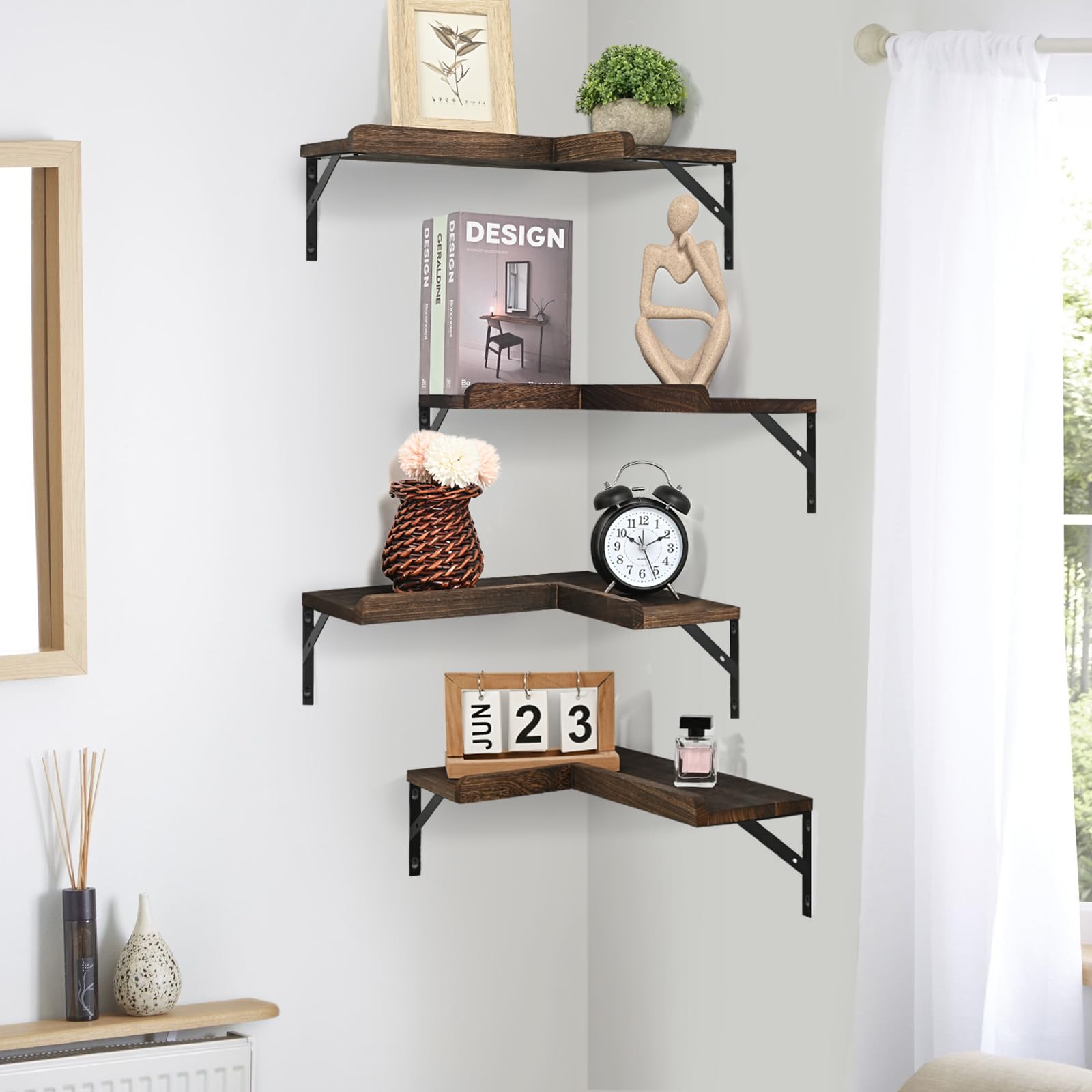 4 Tier Corner Floating Shelves with Protective Lip - Rustic Wooden Wall Mount Storage Shelves for Bathroom, Bedroom, Kitchen & Living Room - Space Saving Corner Shelf Organizer for Home Decor & Display