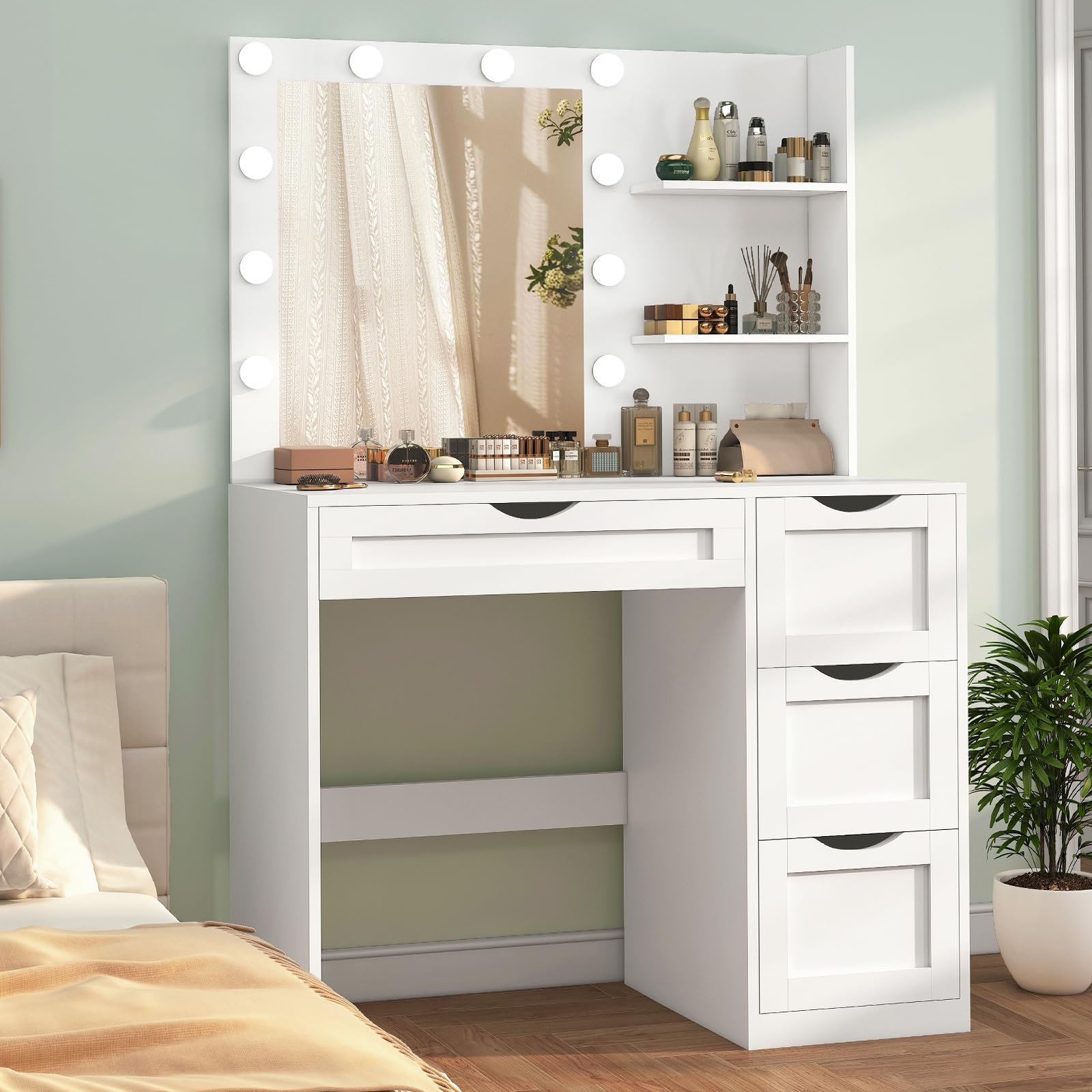 USIKEY White Makeup Vanity Desk with LED Mirror & 10 Adjustable Lights - 4 Drawers, 2 Storage Shelves, 3 Color Modes - Perfect Dressing Table for Bedroom, Home Salon & Beauty Room Organization
