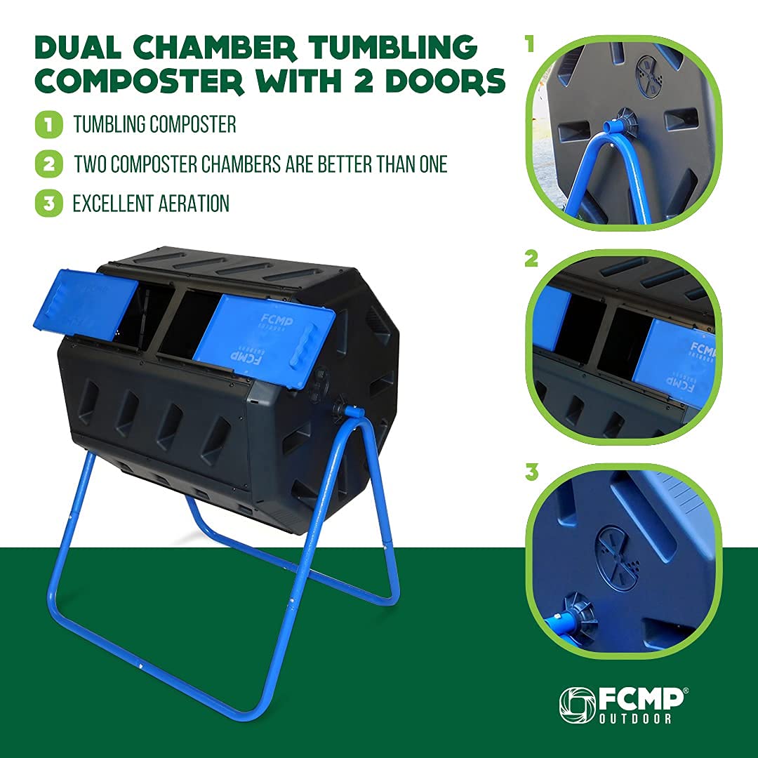FCMP Outdoor IM4000-DD Dual Chamber Tumbling Composter with Double Doors - 37 Gallon (140L) Blue Compost Bin | Canadian-Made 100% Recycled Resin | Perfect for Backyard, Garden & Organic Waste Recycling