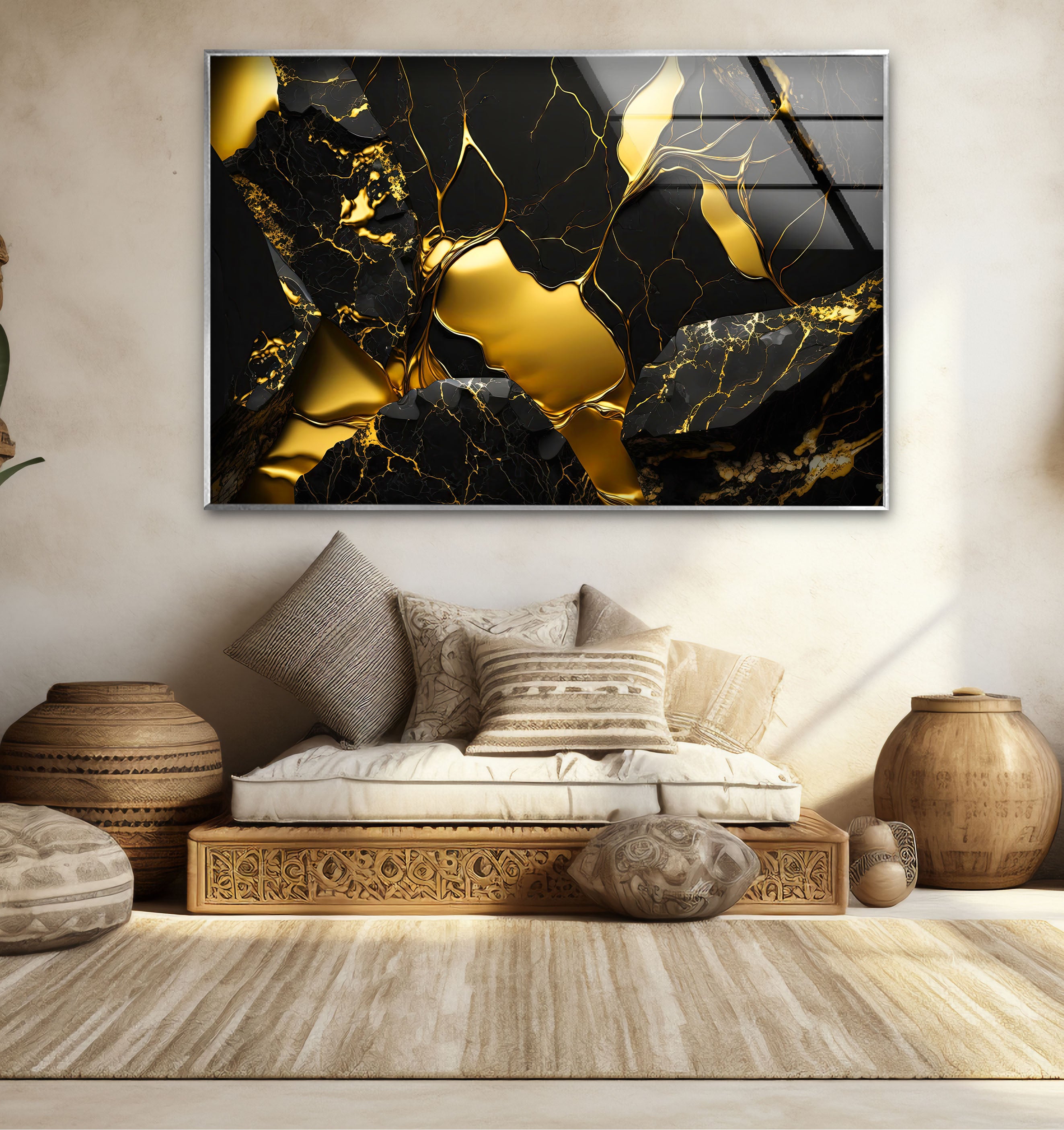 Black and Gold Abstract Wall Art - Modern Glass Print with Luxury Shine for Living Room, Bedroom & Office Decor | Elegant Home Wall Decorations