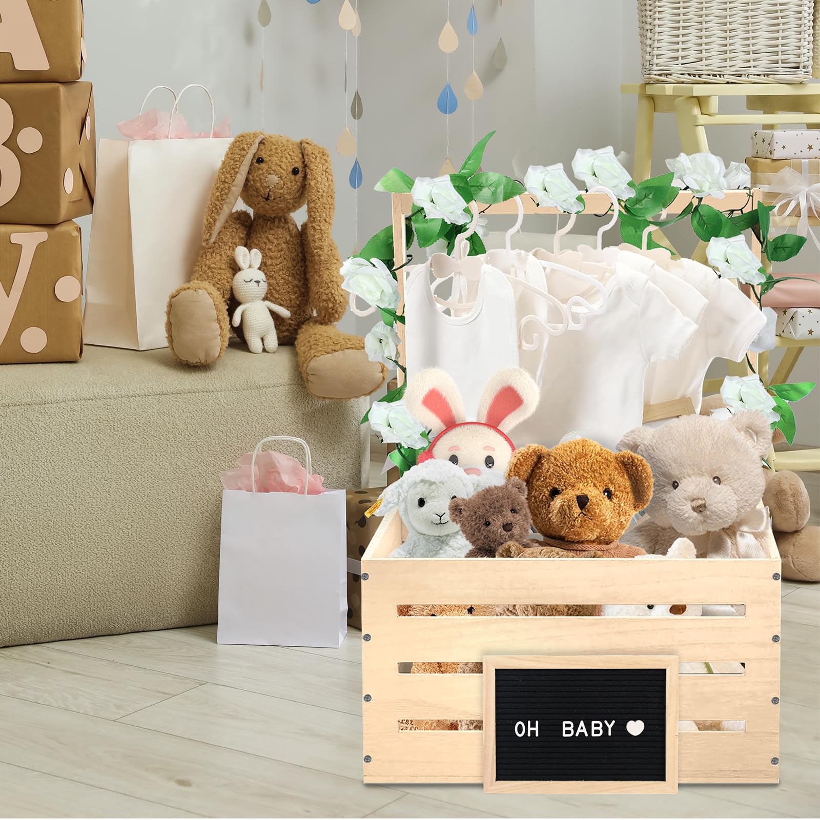 Wooden Baby Shower Gift Basket with Handle - DIY Felt Blackboard Storage Crate & Hamper for Newborn - Perfect for Baby Shower Decor, Pregnancy Gifts & New Parent Essentials - Nursery Organization & Party Decorations