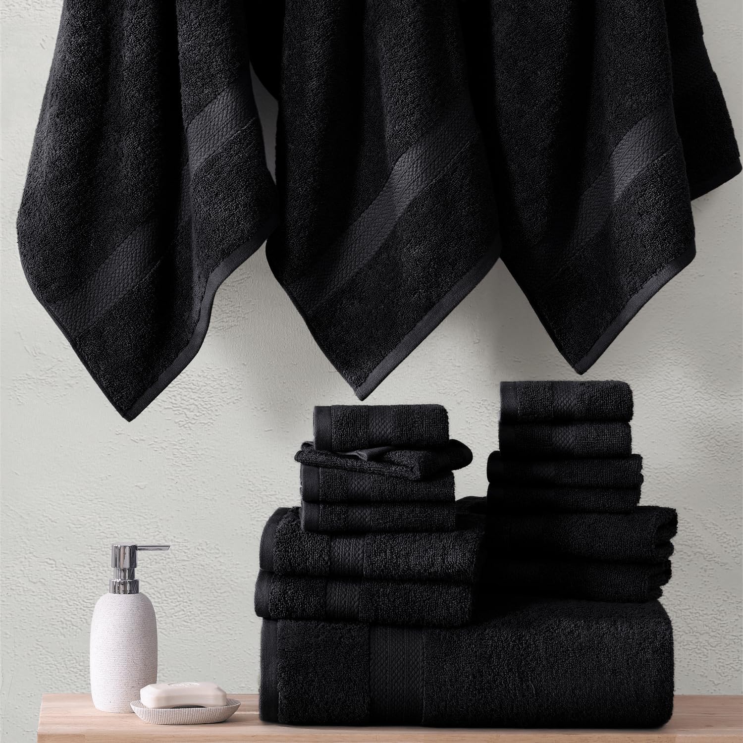 Premium 6-Piece 100% Cotton Bath Towel Set - Ultra Soft & Absorbent Bath, Hand & Face Towels for Spa, Gym & Luxury Bathroom (2 Bath Towels, 2 Hand Towels, 2 Washcloths) - Black