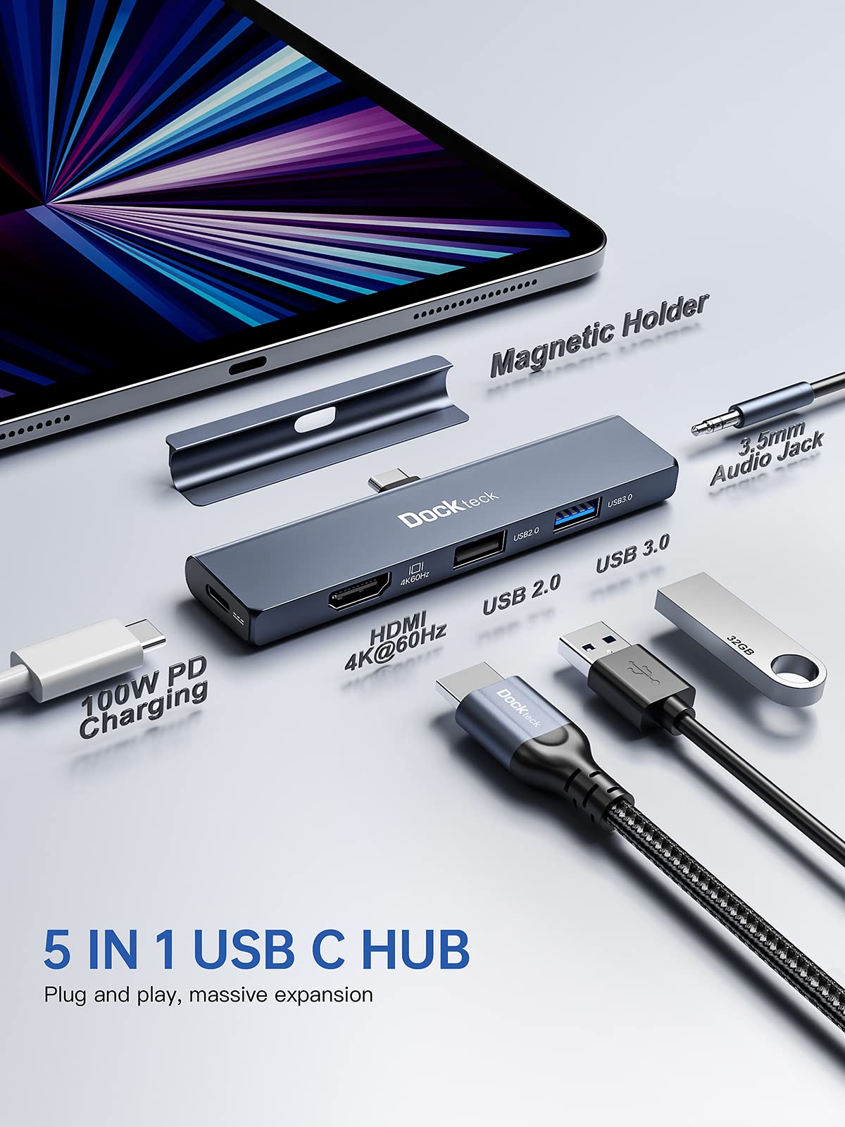 Dockteck 5-in-1 USB C Hub for iPad Pro - Magnetic Multiport Adapter with 100W PD Charging, 4K 60Hz HDMI, USB 3.0 Ports & Audio Jack | Compatible with iPad Pro 12.9 (2021/2020/2018), iPad Air & iPad Mini 6 | Perfect for Home Office, Travel & Multimedia Entertainment