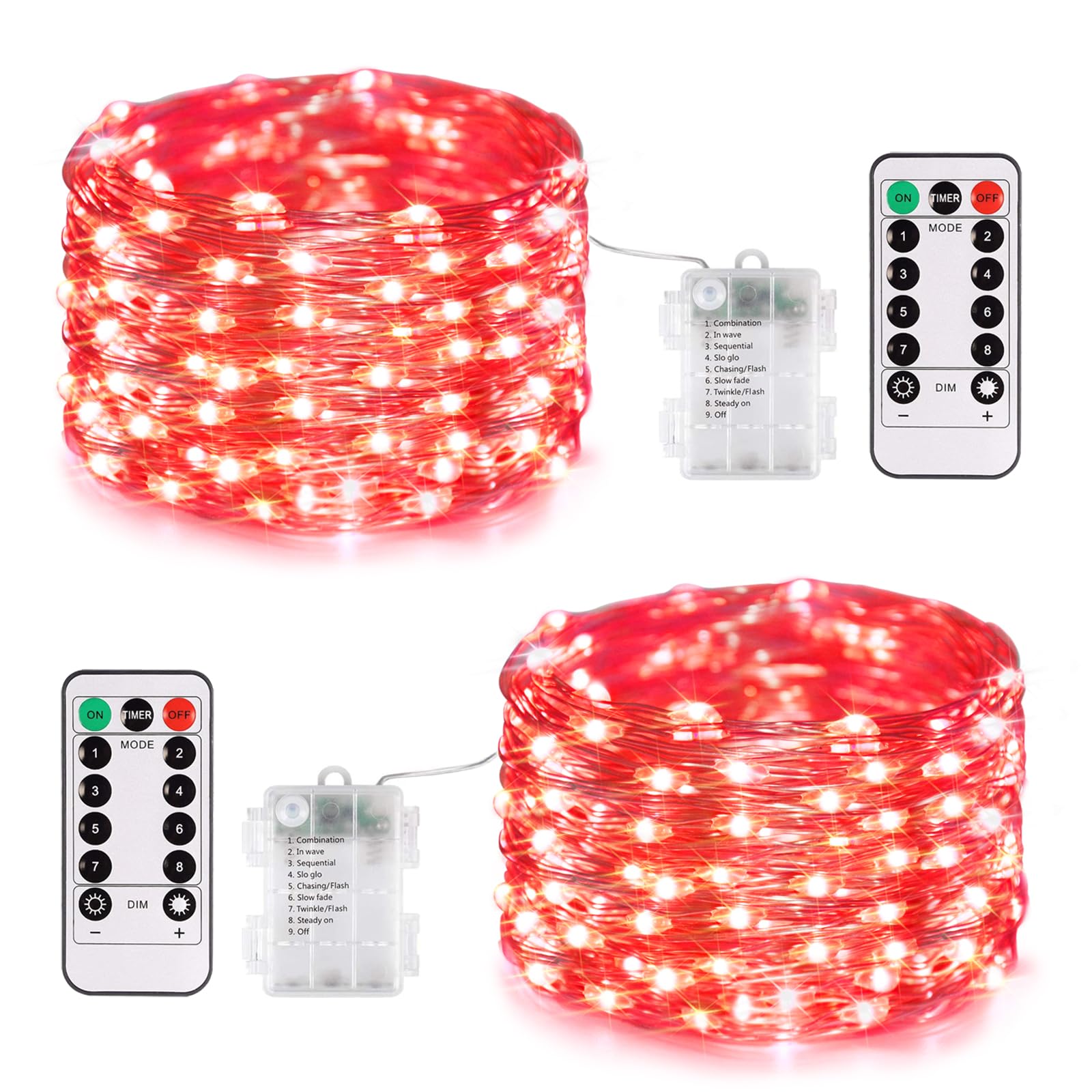 JMEXSUSS 2 Pack 66ft Red Fairy Lights - 200 LED Battery Operated String Lights with Remote Control, 8 Lighting Modes for Valentine's Day, Christmas, Bedroom, Indoor & Outdoor Decorations - Perfect for Weddings, Parties, Garden and Home Ambiance