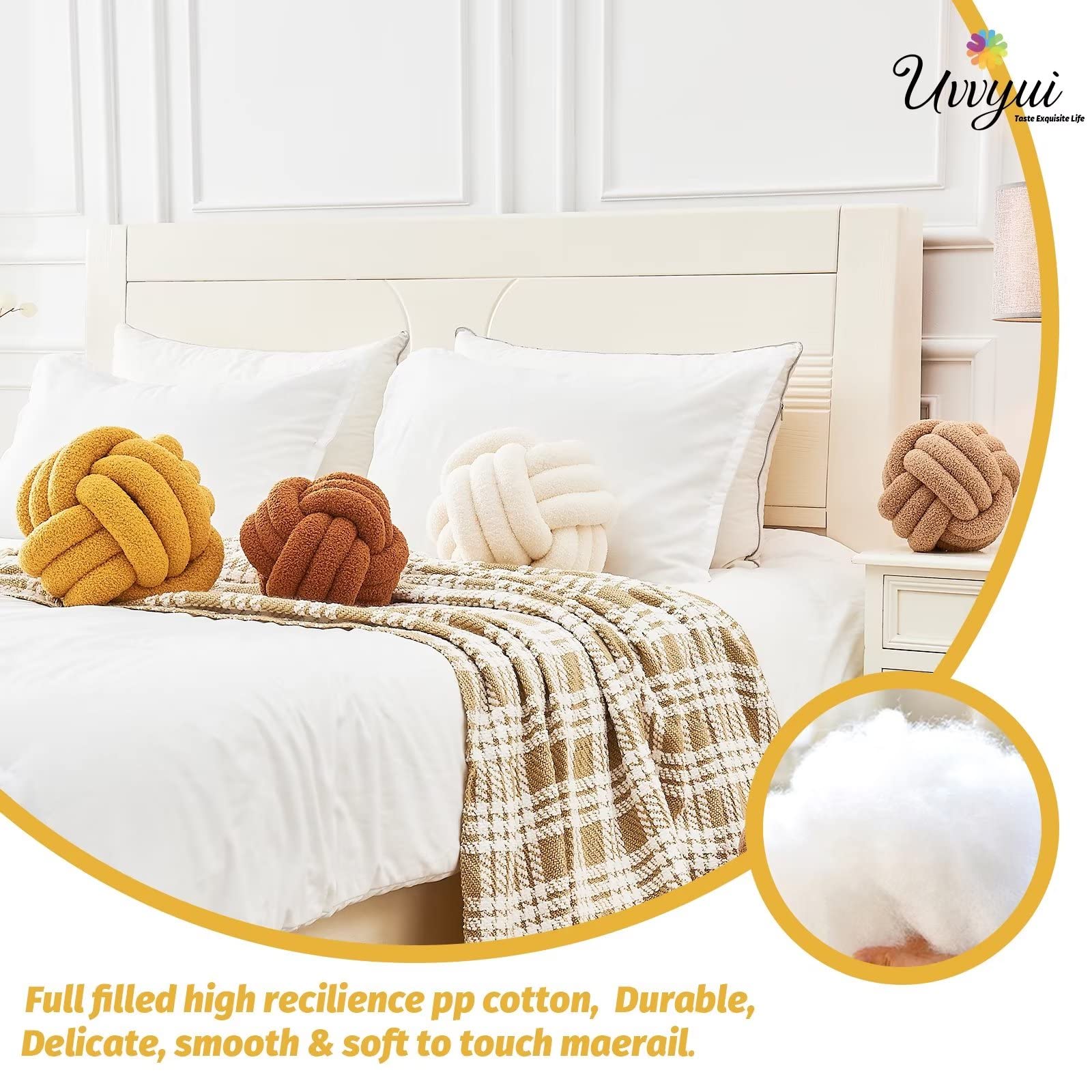 UVVYUI Handmade Knotted Plush Pillow - 11 Inch Round Boucle Throw Cushion for Sofa & Bed, Soft Home Decor Pillow in Dark Yellow | Perfect for Living Room, Nursery & Cozy Reading Nook