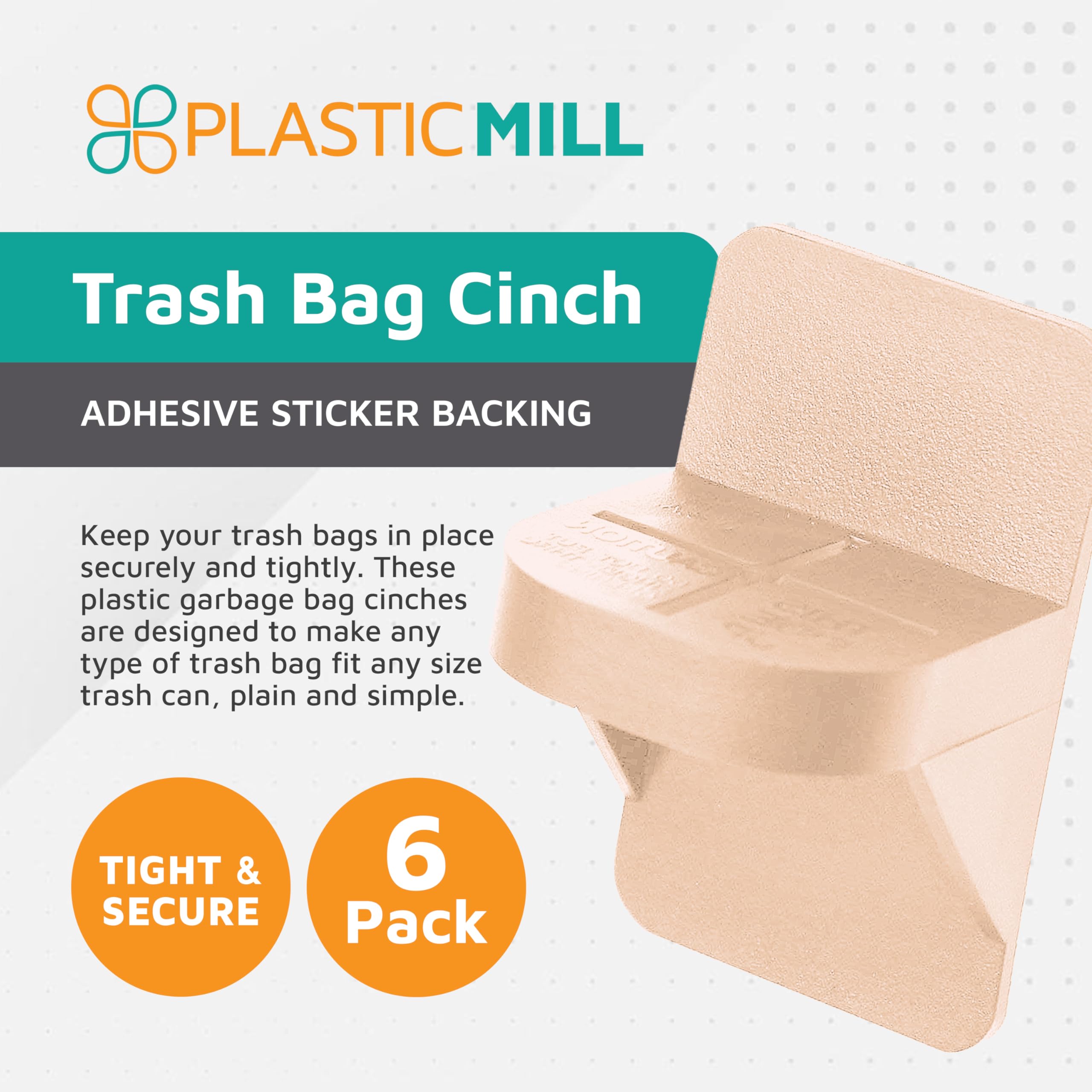 PlasticMill Trash Bag Cinch - Heavy Duty Trash Bag Holder for Kitchen, Bathroom & Office - Secure Trash Can Liner Grip to Prevent Slipping - Universal Fit for Most Standard Trash Cans (Beige, 6-Pack) - Perfect for Home, Office & Outdoor Use
