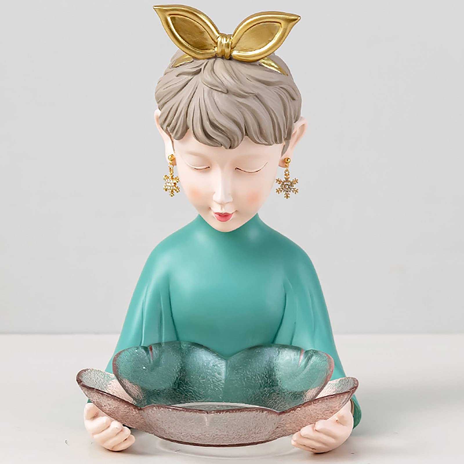 Nordic Style Resin Fruit & Candy Tray - Creative Storage Plate with Girl Sculpture, Modern Metal Key & Coin Holder for Living Room, Entryway, Desk Decor - Green, 17x23x27cm - Perfect for Home Decor, Party Serving & Organizing Small Items