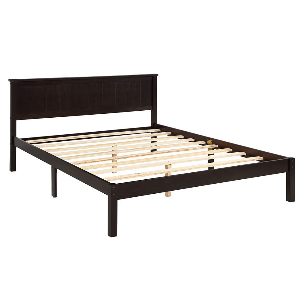 Rockjame Premium Brown Wood Queen Platform Bed Frame with Headboard - Sturdy Slat Support, Easy Assembly, No Box Spring Needed - Perfect for Modern Bedrooms & Guest Rooms