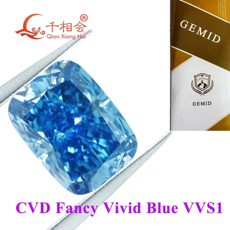 1ct & 2ct CVD Lab Grown Diamond - Fancy Vivid Aqua Blue, VS1 Clarity, Long Cushion Cut, GEMID Certified Loose Stone for Engagement Rings & Jewelry Making
