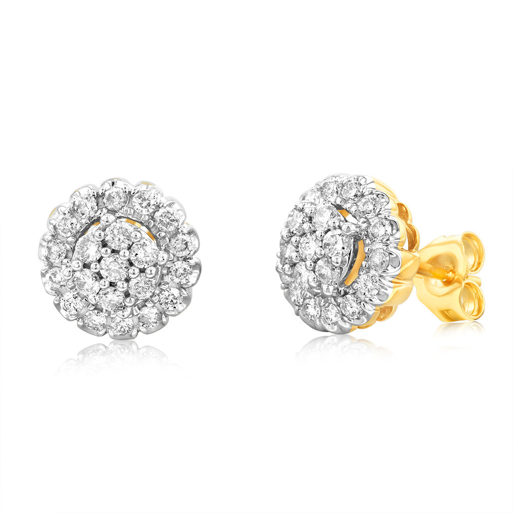3/4 Carat Diamond Cluster Stud Earrings in 10K Yellow Gold - Elegant Jewelry for Women, Perfect for Weddings, Anniversaries & Special Occasions