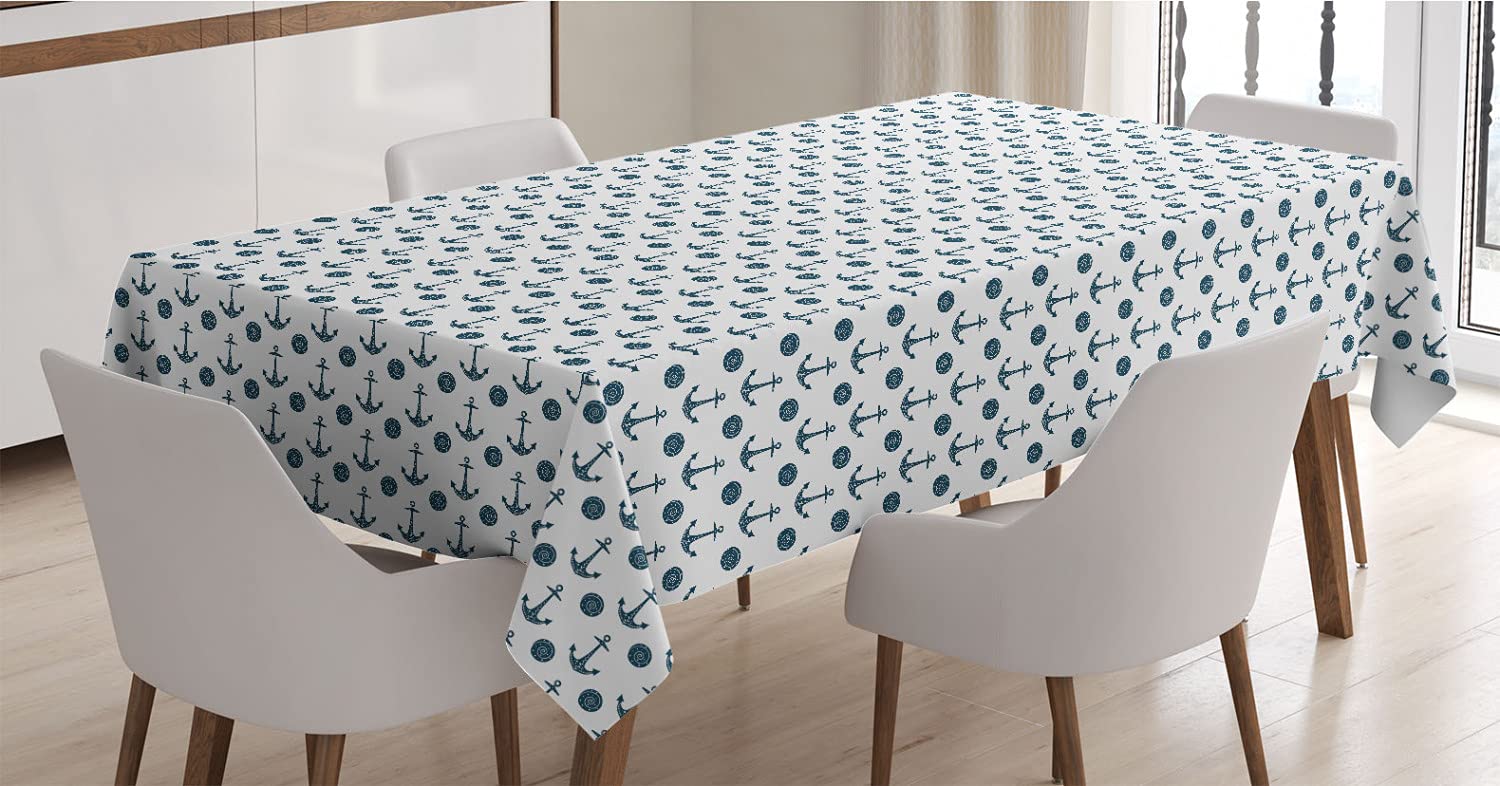 Ambesonne Nautical Blue Tablecloth - Monochrome Anchor & Shell Pattern Satin Dining Table Cover, 60