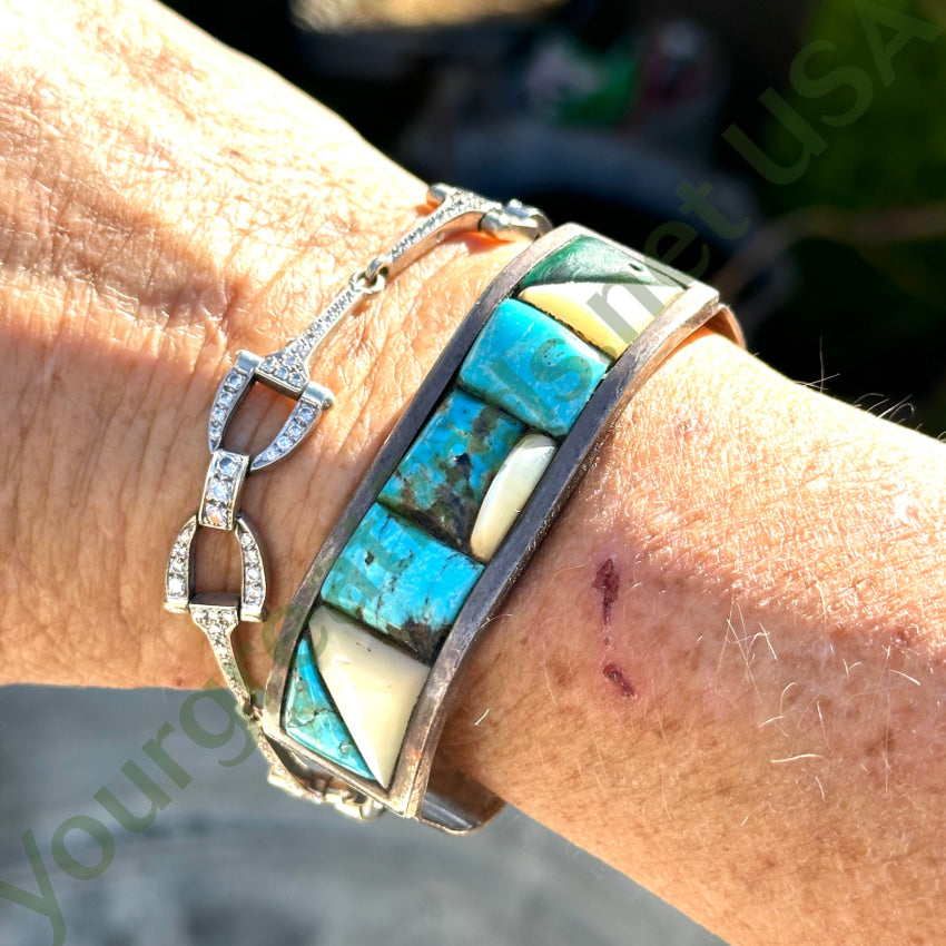 Vintage Navajo Chunky Sterling Silver Channel Inlay Turquoise Bracelet - Handmade Native American Jewelry for Women - Perfect for Boho Fashion, Gift Giving & Special Occasions