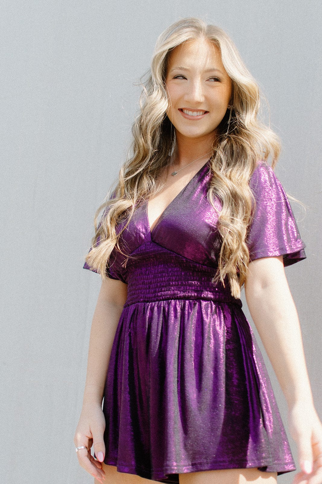 Stylish Purple Metallic Short Sleeve Romper Jumpsuit for Women - Perfect for Summer Outfits, Beach Vacations & Night Out Parties
