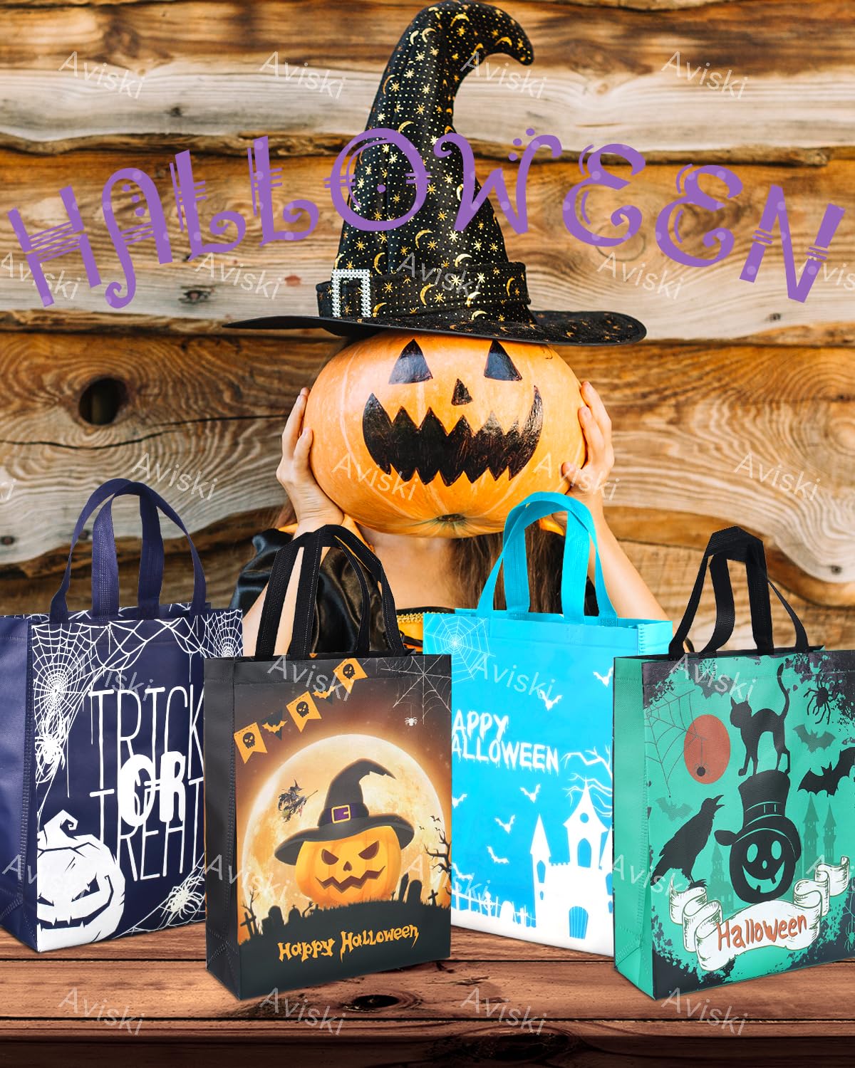 Aviski 8-Piece Halloween Tote Bags Set - Large Reusable Non-Woven Gift Bags for Party Favors, Treats & Holiday Wrapping | Perfect for Trick-or-Treat, Halloween Parties & Festive Gift Giving