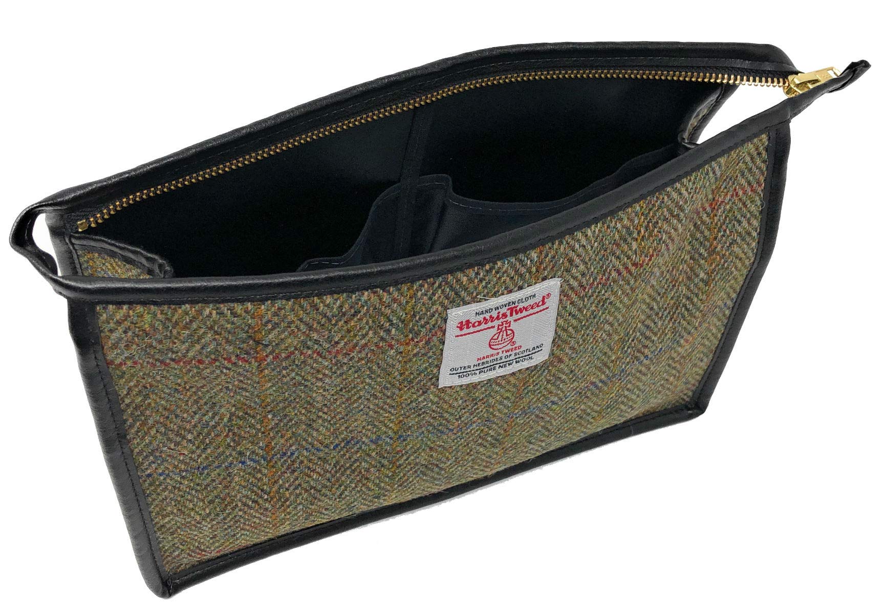 Scott & MacKenzie Harris Tweed Green Herringbone Toiletry Bag for Men & Women - Premium Travel Wash Bag for Toiletries, Cosmetics & Shaving Essentials - Perfect for Vacation, Business Trips & Gym