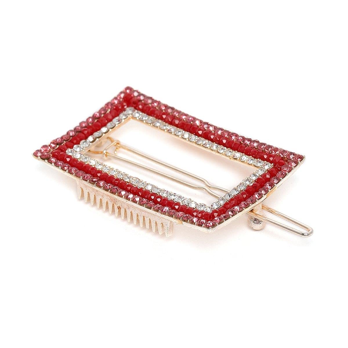 AccessHer Red Gold Stone Studded Embellished French Barrette Hair Clip - Elegant Women's Hair Accessories for Parties, Weddings & Special Occasions
