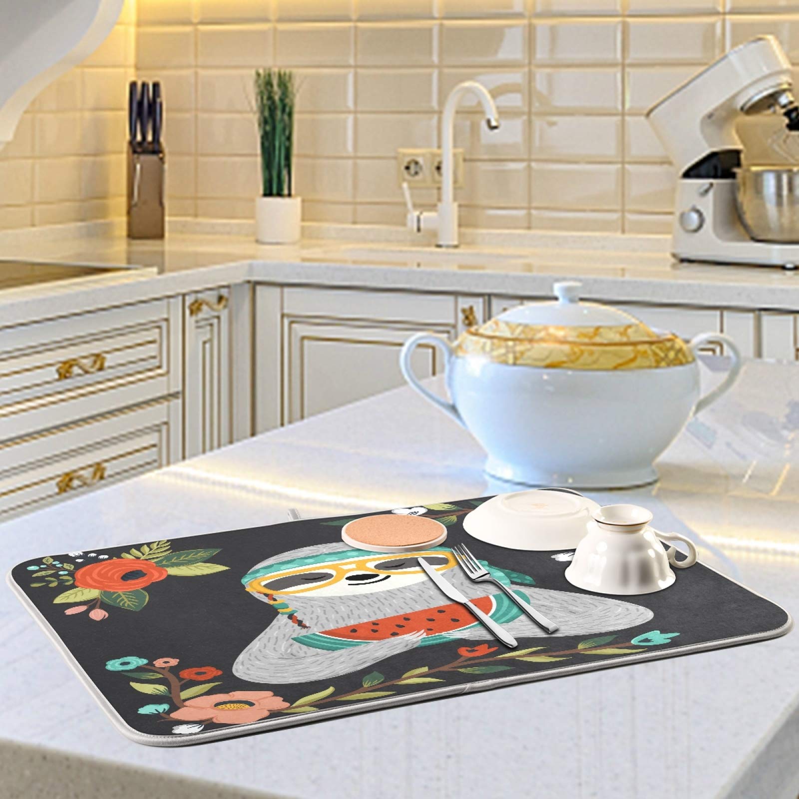 Watermelon Sloth Kitchen Dish Drying Mat 16x18 Inch - Absorbent Countertop Drying Pad for Dishes | Summer Kitchen Decor | Easy to Clean & Reusable | Perfect for Kitchen Counter, Sink Area & Dining Table