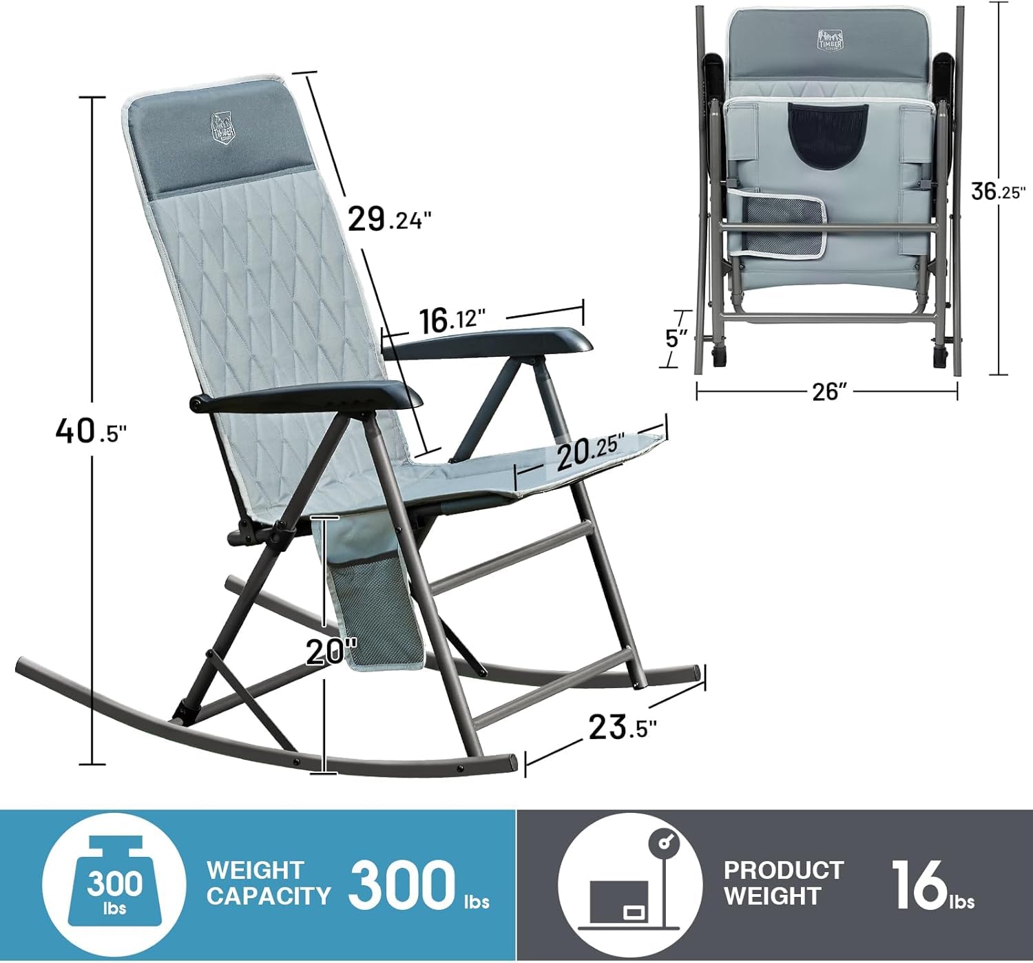 TIMBER RIDGE Adjustable Rocking Camping Chair - Padded High Back Outdoor Rocker with Side Pocket, Portable Folding Chair for Adults Supports 300 lbs - Perfect for Lawn, Patio, Porch, Beach & Backyard Relaxation (Grey, 1 Pack)